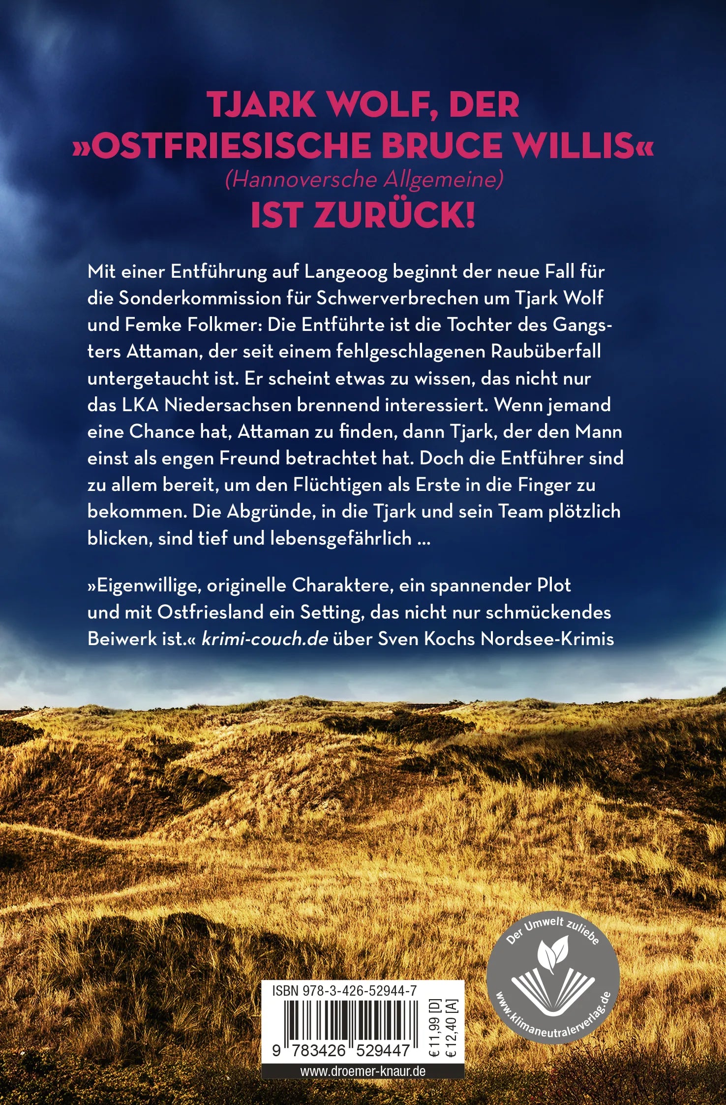 Buchrückseite von 'Dünensturm' mit Klappentext - Taschenbuch
