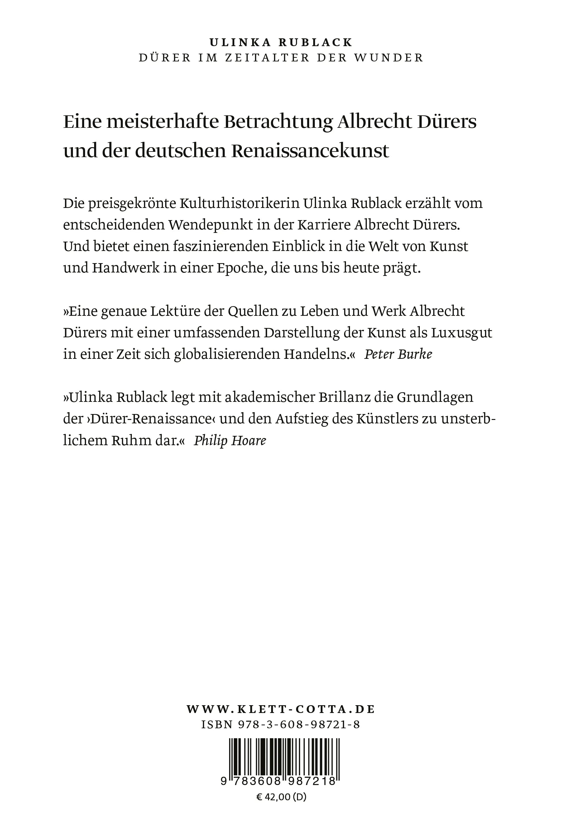Buchrückseite von 'Dürer im Zeitalter der Wunder' mit Klappentext - Gebundene Ausgabe