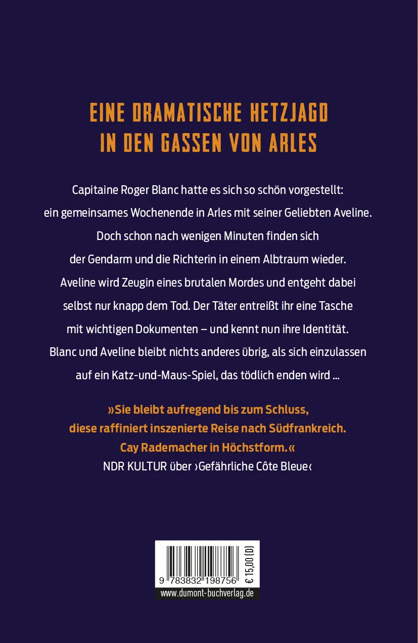 Buchrückseite von 'Dunkles Arles' mit Klappentext - Paperback