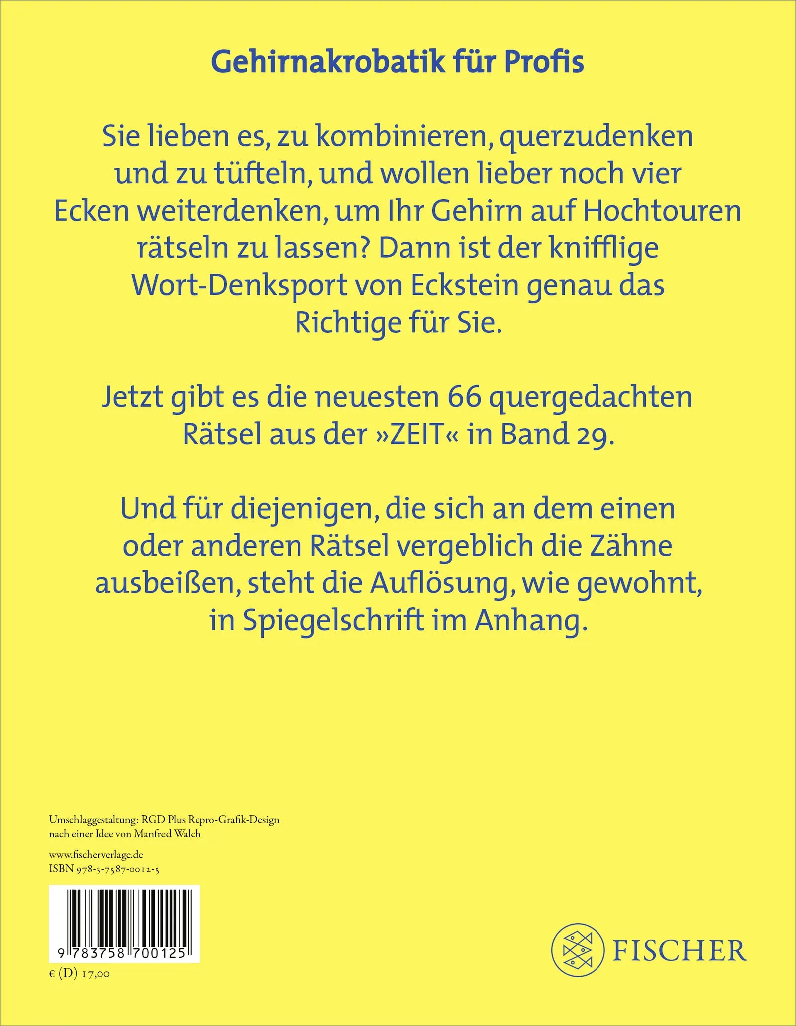 Buchrückseite von 'Eckstein - Um die Ecke gedacht 29' mit Klappentext - Taschenbuch