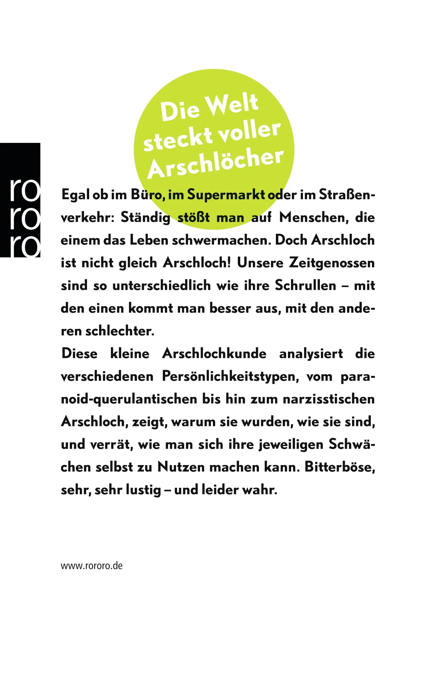 Buchrückseite von 'Ein Arschloch kommt selten allein' mit Klappentext - Taschenbuch