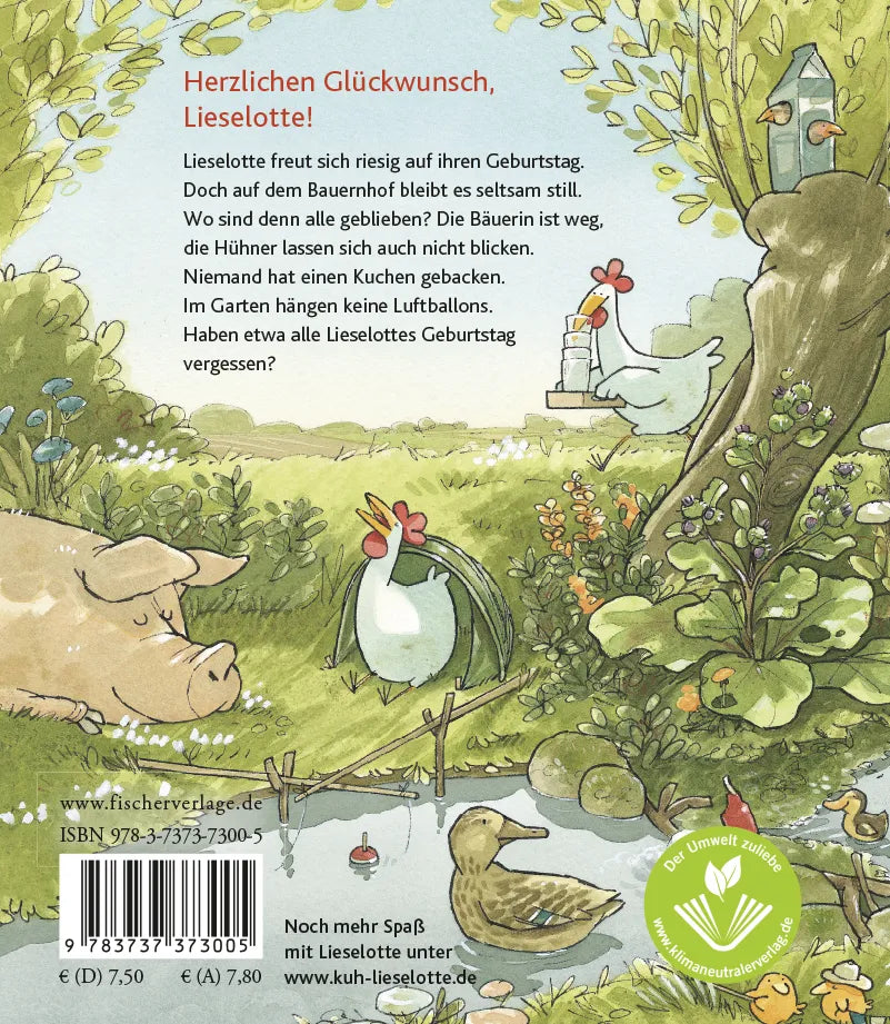 Buchrückseite von 'Ein Geburtstagsfest für Lieselotte' mit Klappentext - Gebundene Ausgabe