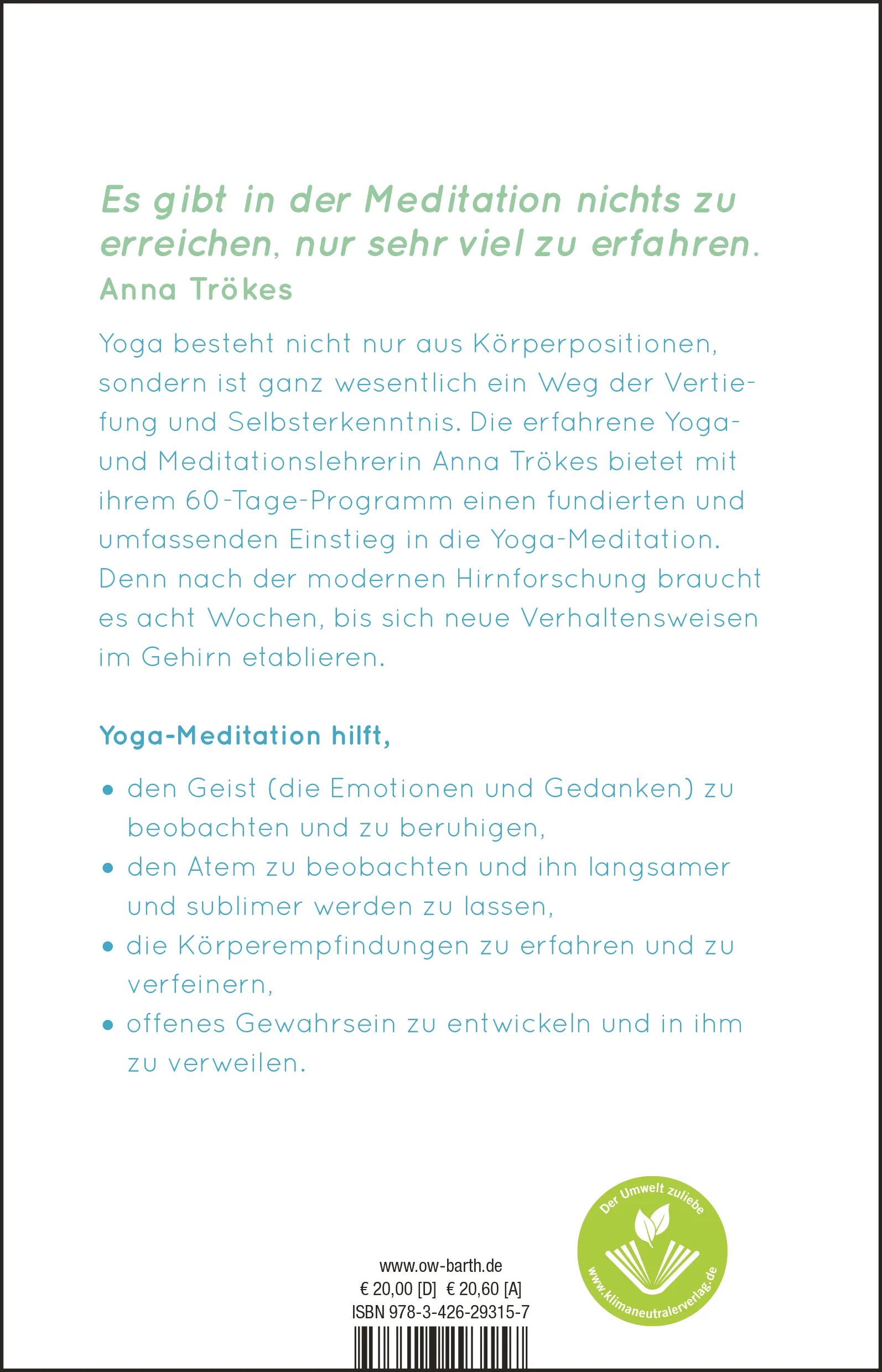 Buchrückseite von 'Ein Kurs in Yoga-Meditation' mit Klappentext - Paperback