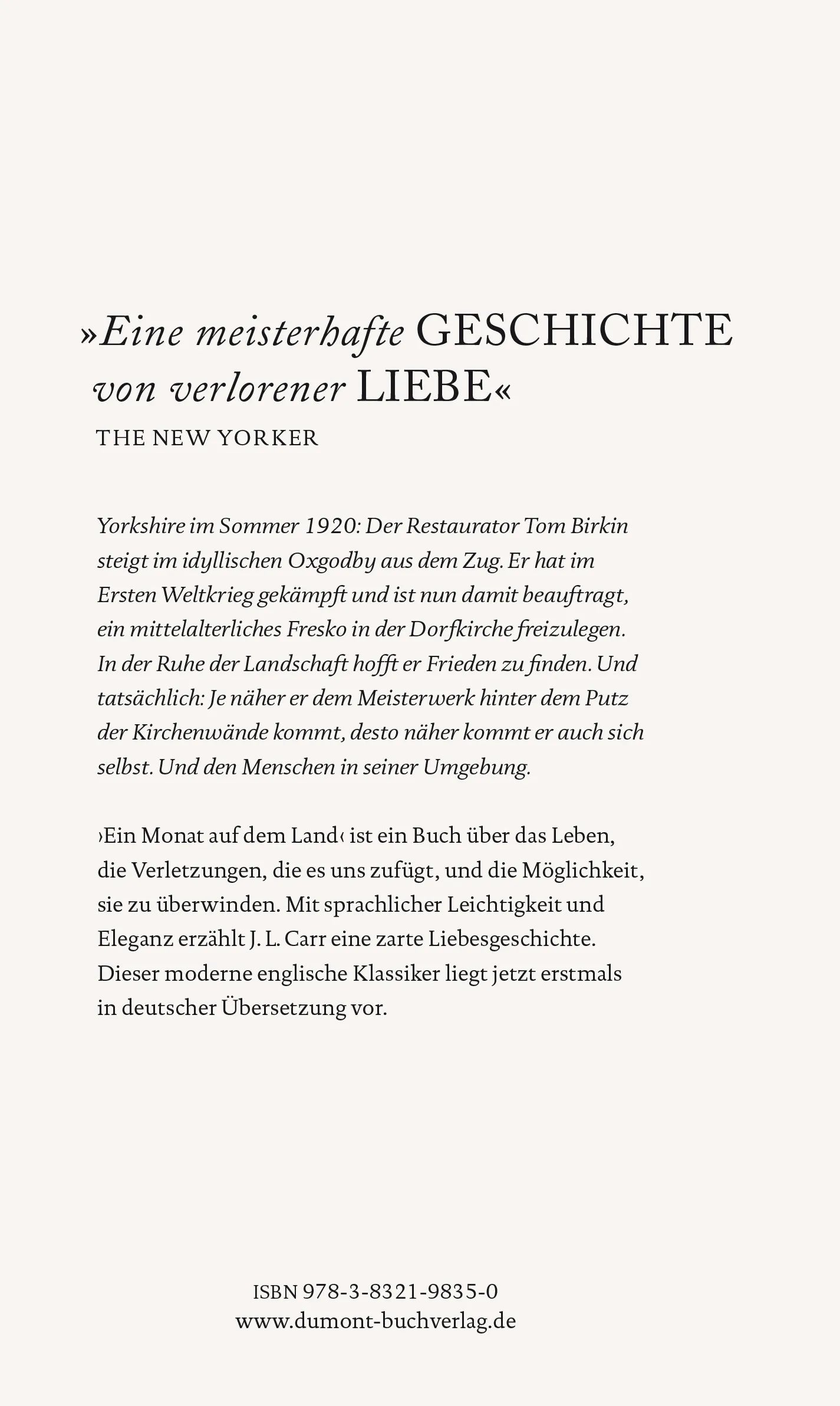 Buchrückseite von 'Ein Monat auf dem Land' mit Klappentext - Gebundene Ausgabe