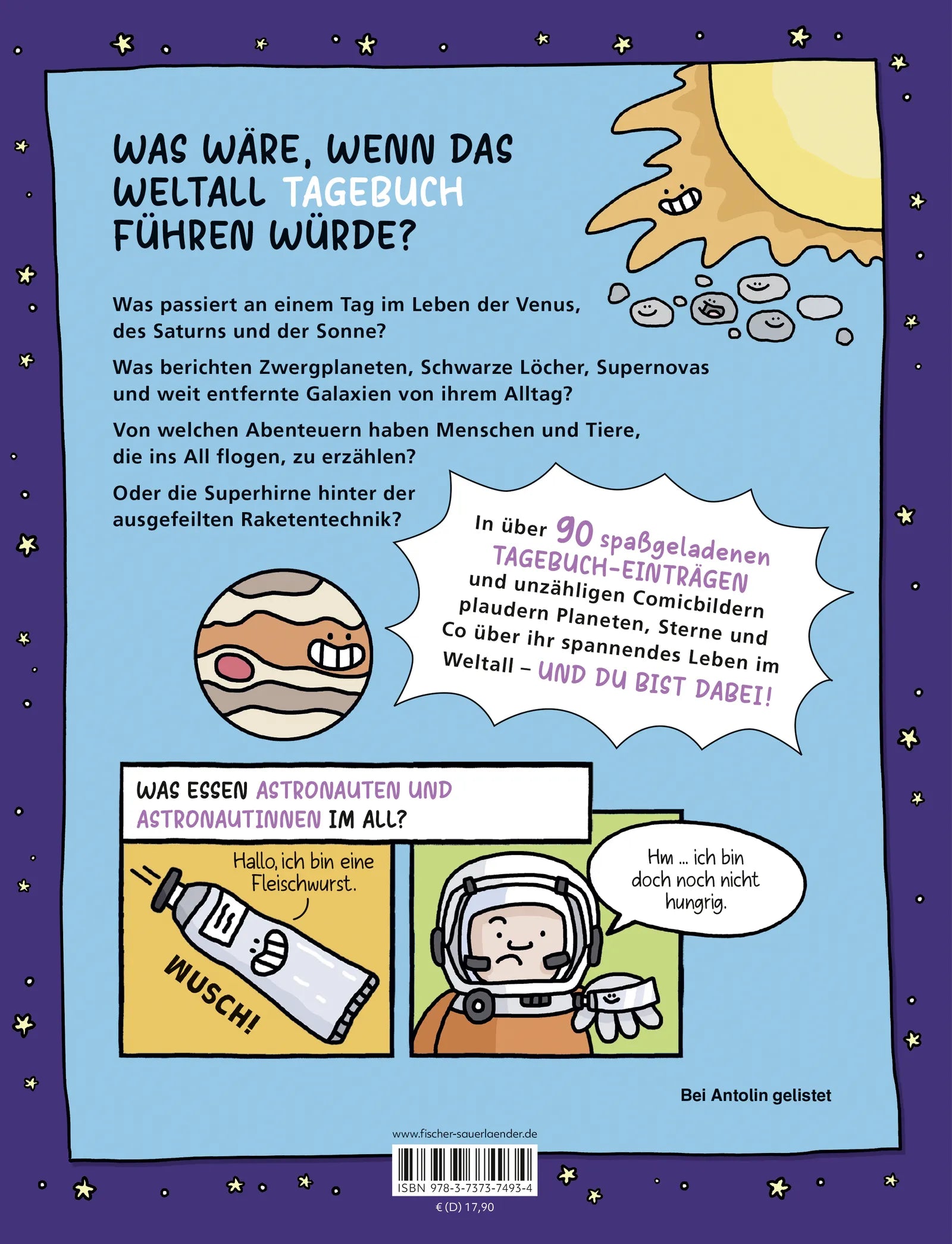 Buchrückseite von 'Ein Tag im Leben von Astronaut, All und Raketenknall' mit Klappentext - Gebundene Ausgabe