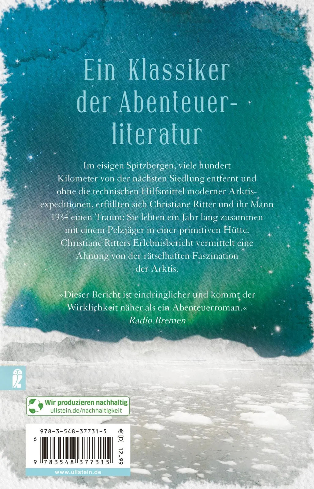 Buchrückseite von 'Eine Frau erlebt die Polarnacht' mit Klappentext - Taschenbuch