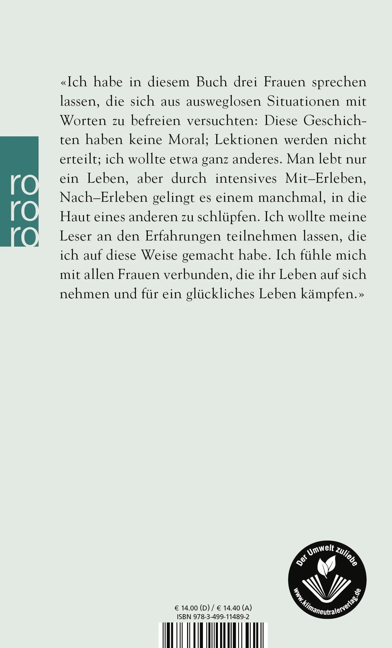Buchrückseite von 'Eine gebrochene Frau' mit Klappentext - Taschenbuch