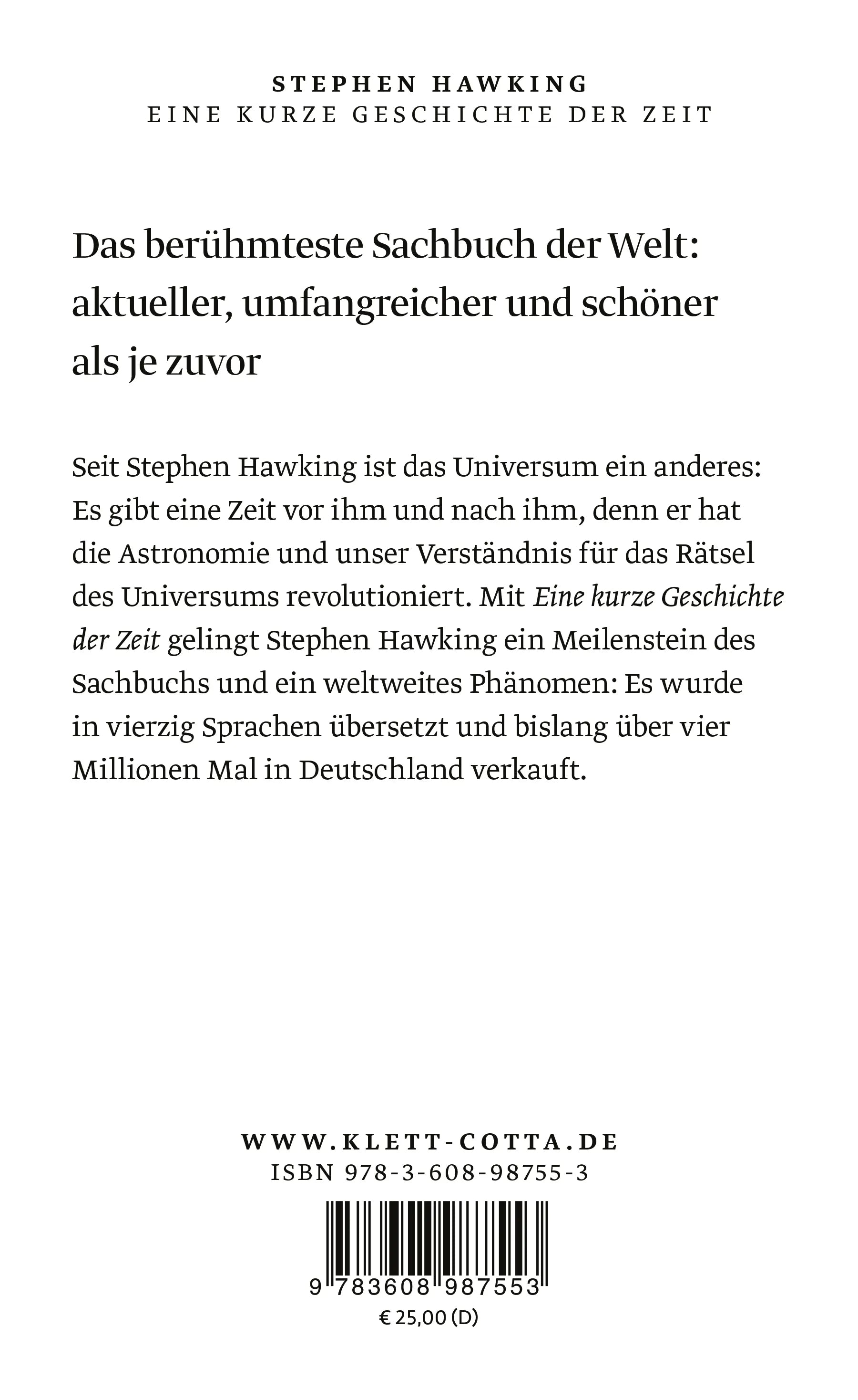 Buchrückseite von 'Eine kurze Geschichte der Zeit' mit Klappentext - Gebundene Ausgabe