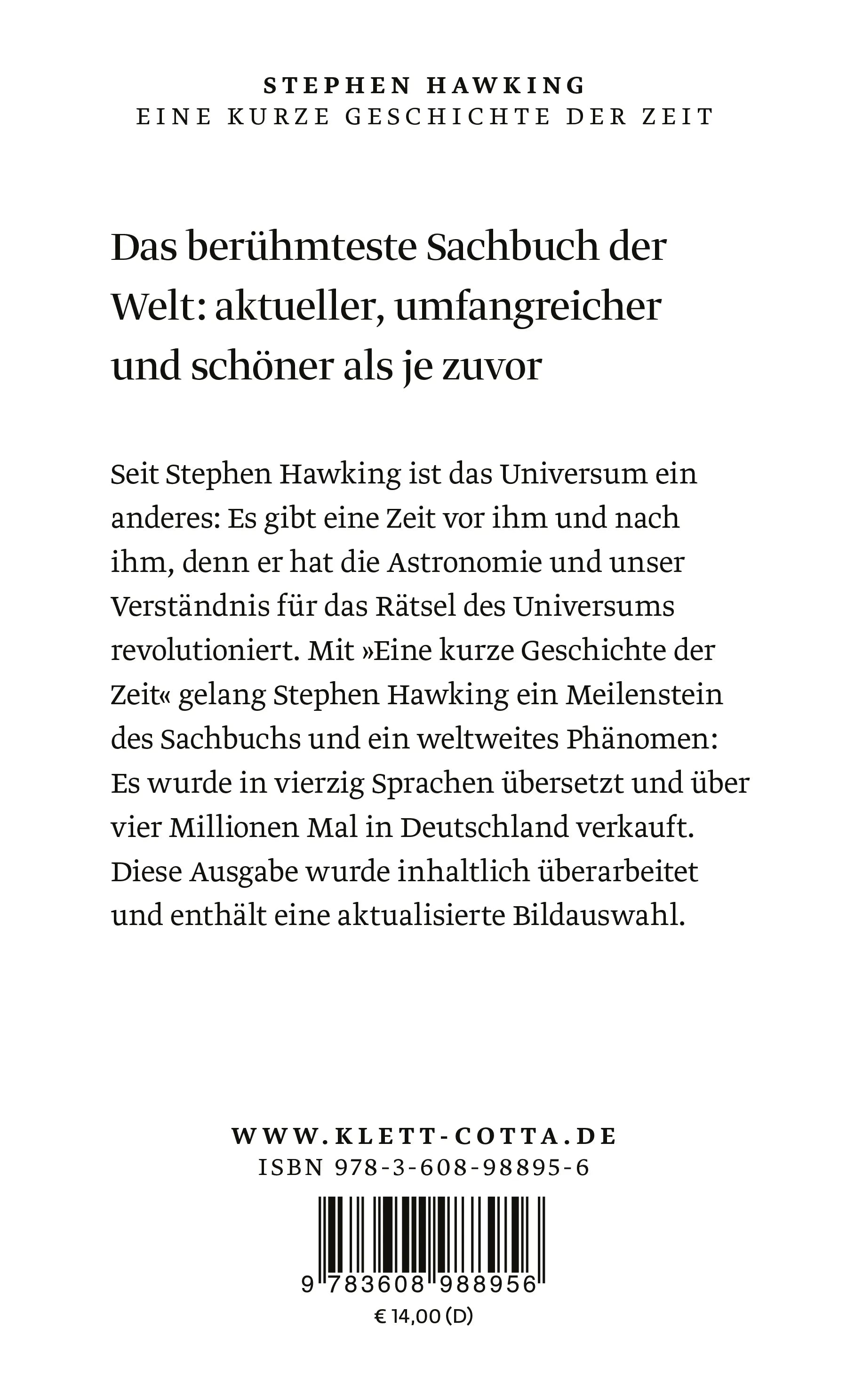 Buchrückseite von 'Eine kurze Geschichte der Zeit' mit Klappentext - Taschenbuch