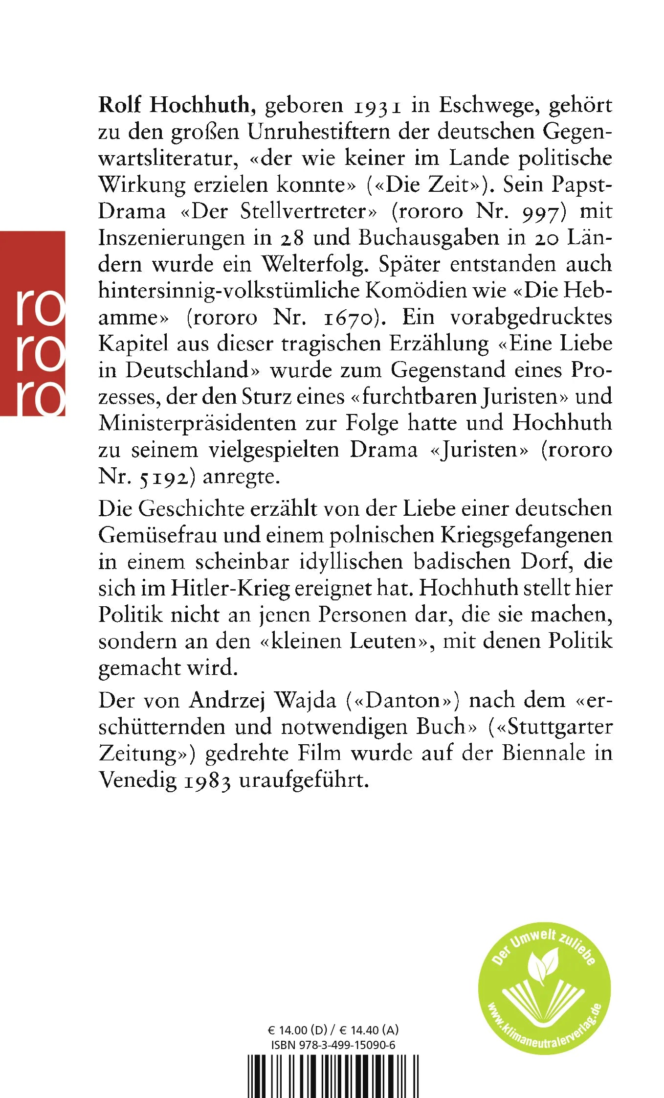 Buchrückseite von 'Eine Liebe in Deutschland' mit Klappentext - Taschenbuch