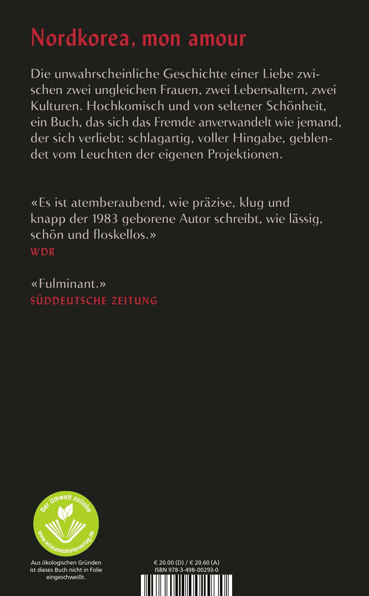 Buchrückseite von 'Eine Liebe in Pjöngjang' mit Klappentext - Gebundene Ausgabe