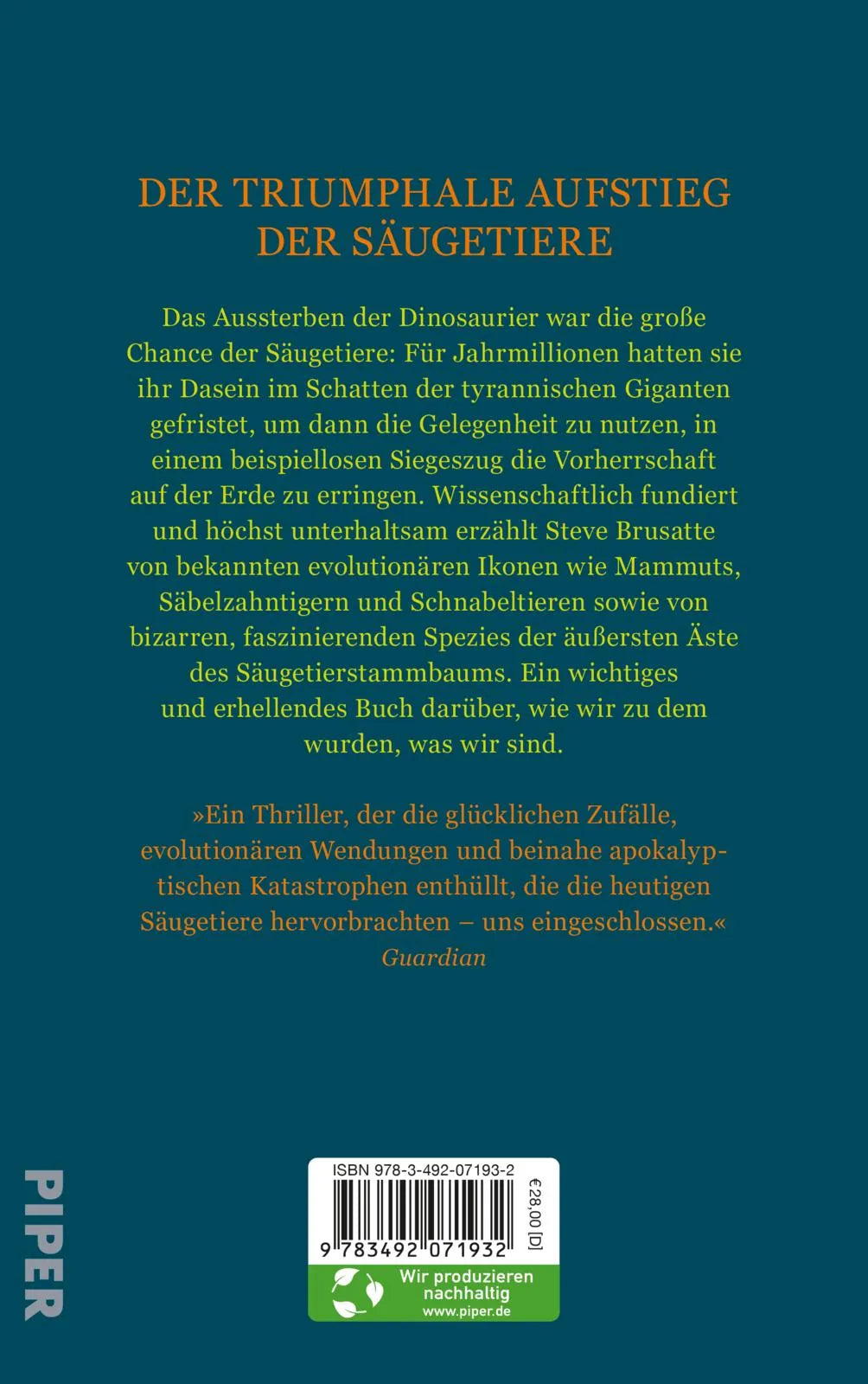 Buchrückseite von 'Eine neue Geschichte der Säugetiere' mit Klappentext - Gebundene Ausgabe