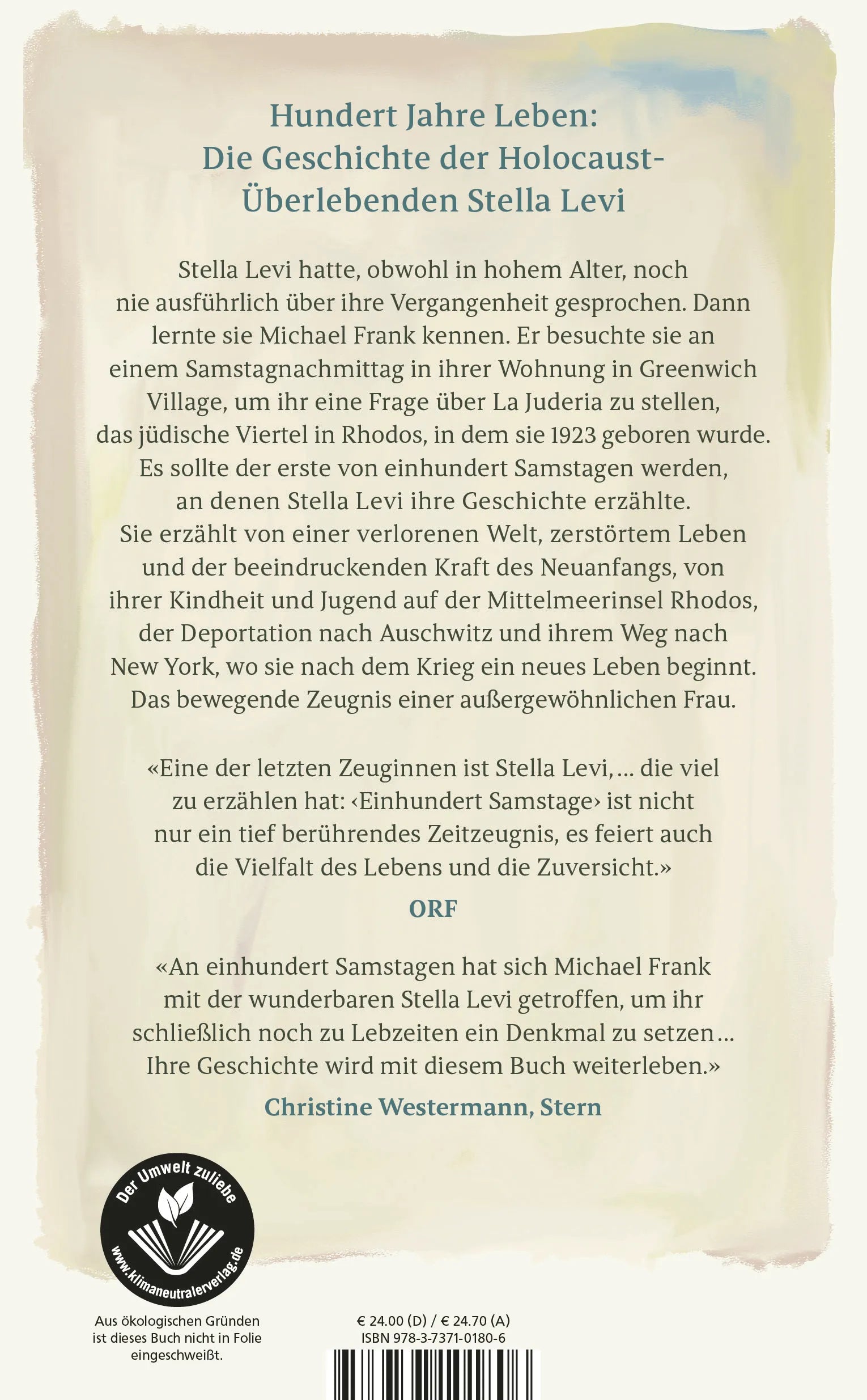 Buchrückseite von 'Einhundert Samstage' mit Klappentext - Gebundene Ausgabe