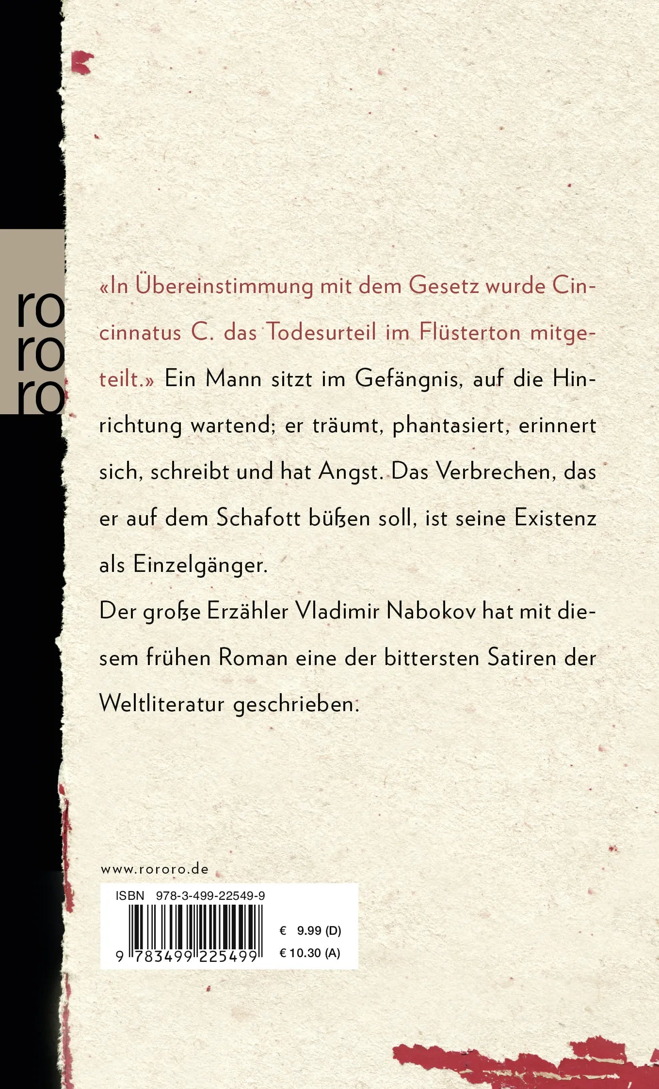 Buchrückseite von 'Einladung zur Enthauptung' mit Klappentext - Taschenbuch
