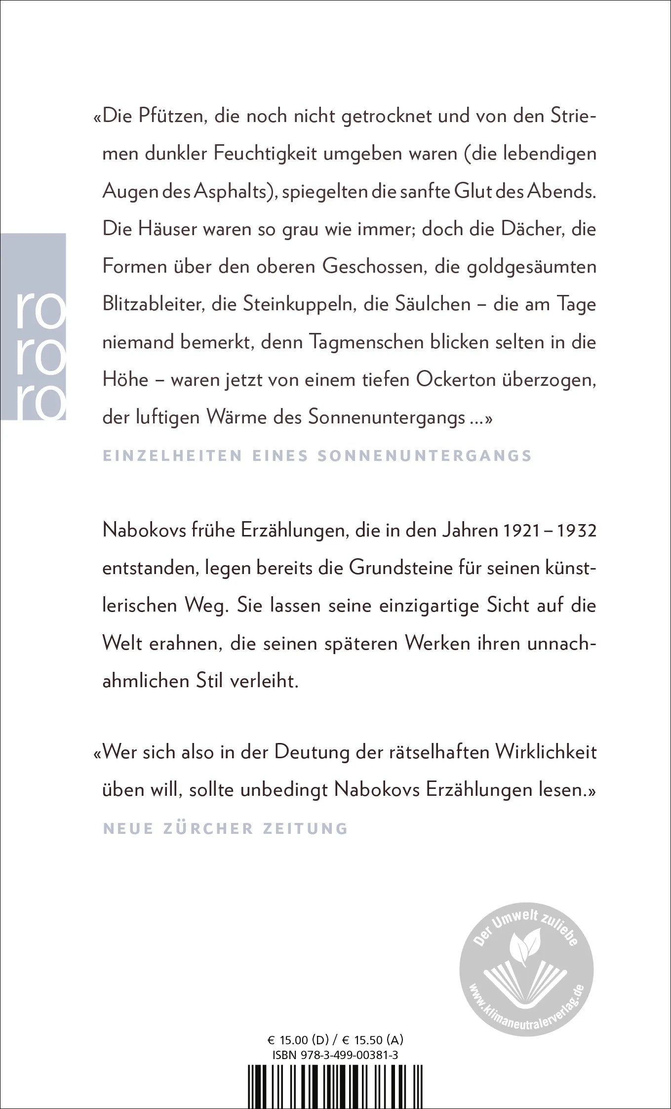 Buchrückseite von 'Einzelheiten eines Sonnenuntergangs' mit Klappentext - Taschenbuch