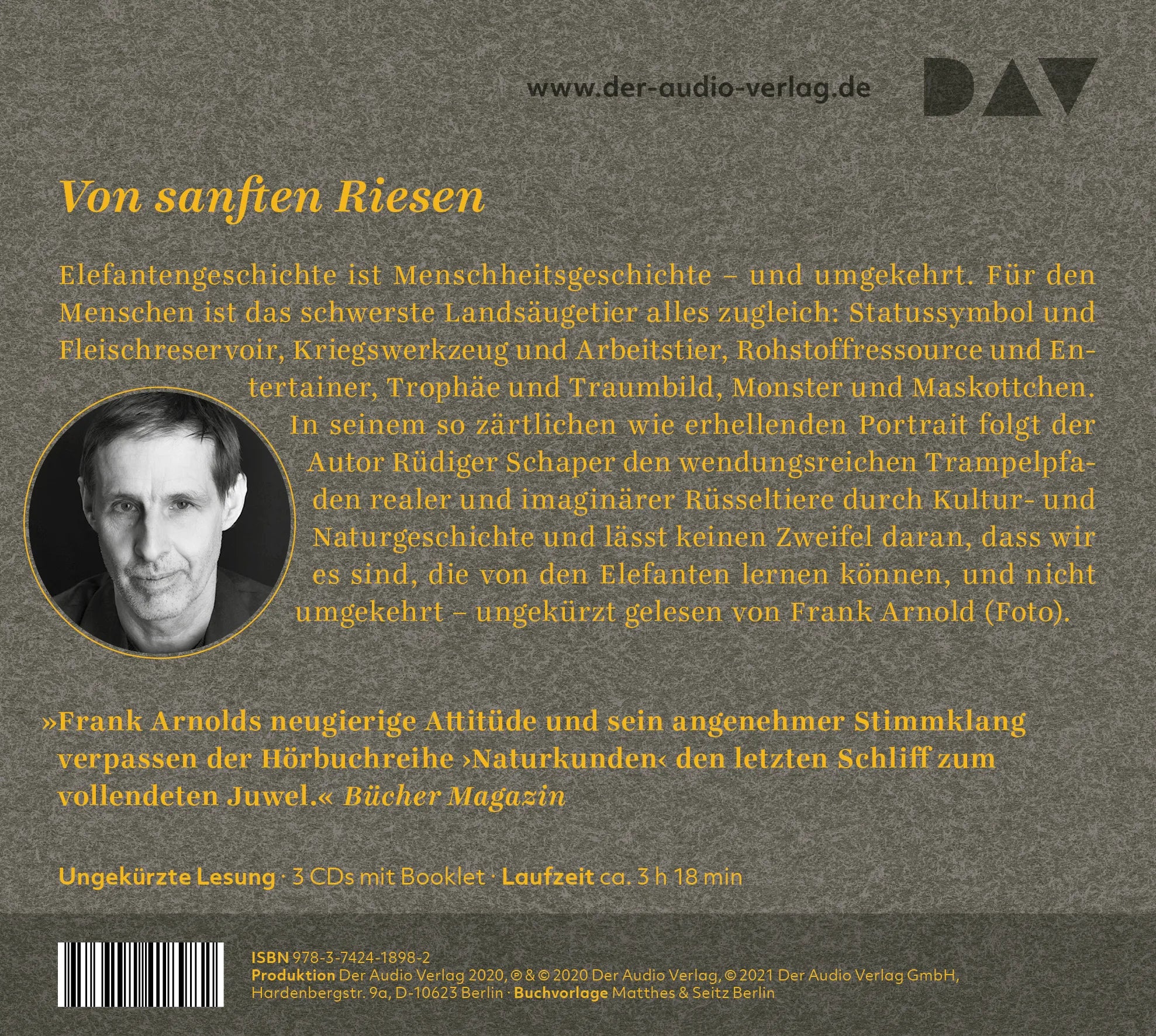 Buchrückseite von 'Elefanten. Ein Portrait' mit Klappentext - Hörbuch (CD)