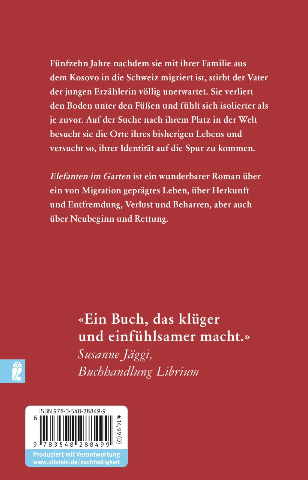 Buchrückseite von 'Elefanten im Garten' mit Klappentext - Taschenbuch