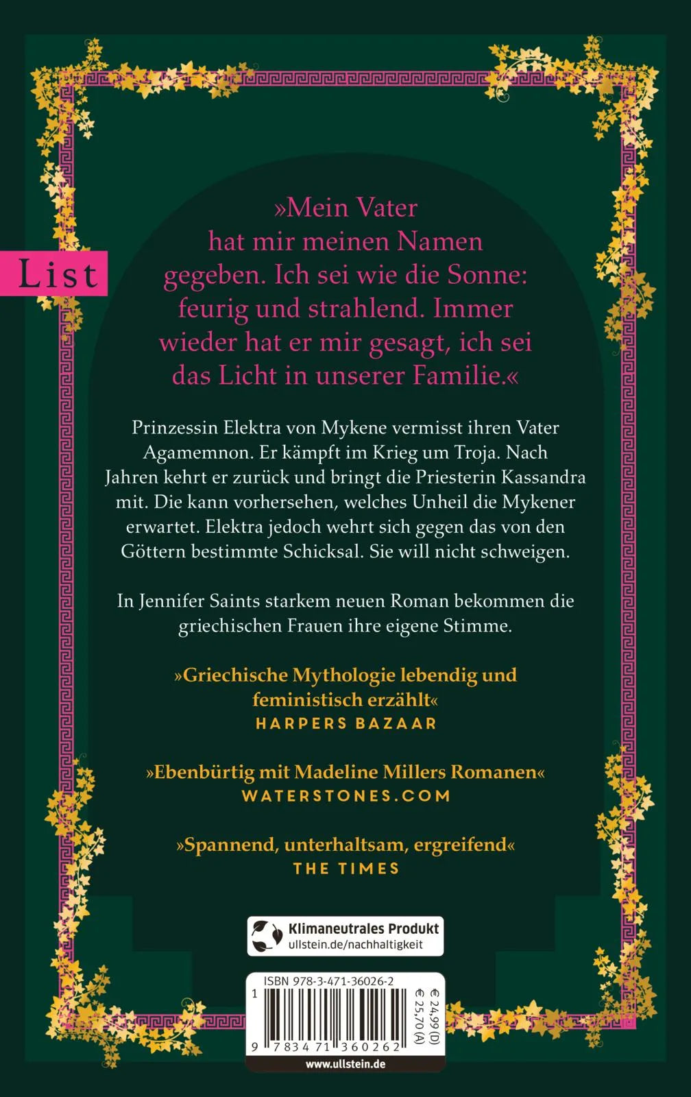 Buchrückseite von 'Elektra, die hell Leuchtende' mit Klappentext - Gebundene Ausgabe