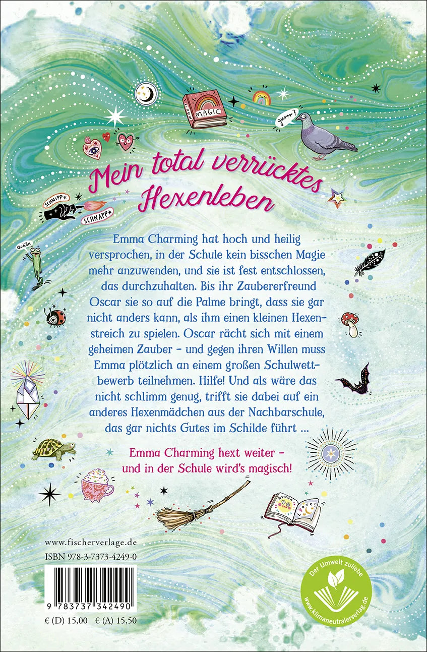 Buchrückseite von 'Emma Charming – Aus Versehen verzaubert' mit Klappentext - Gebundene Ausgabe
