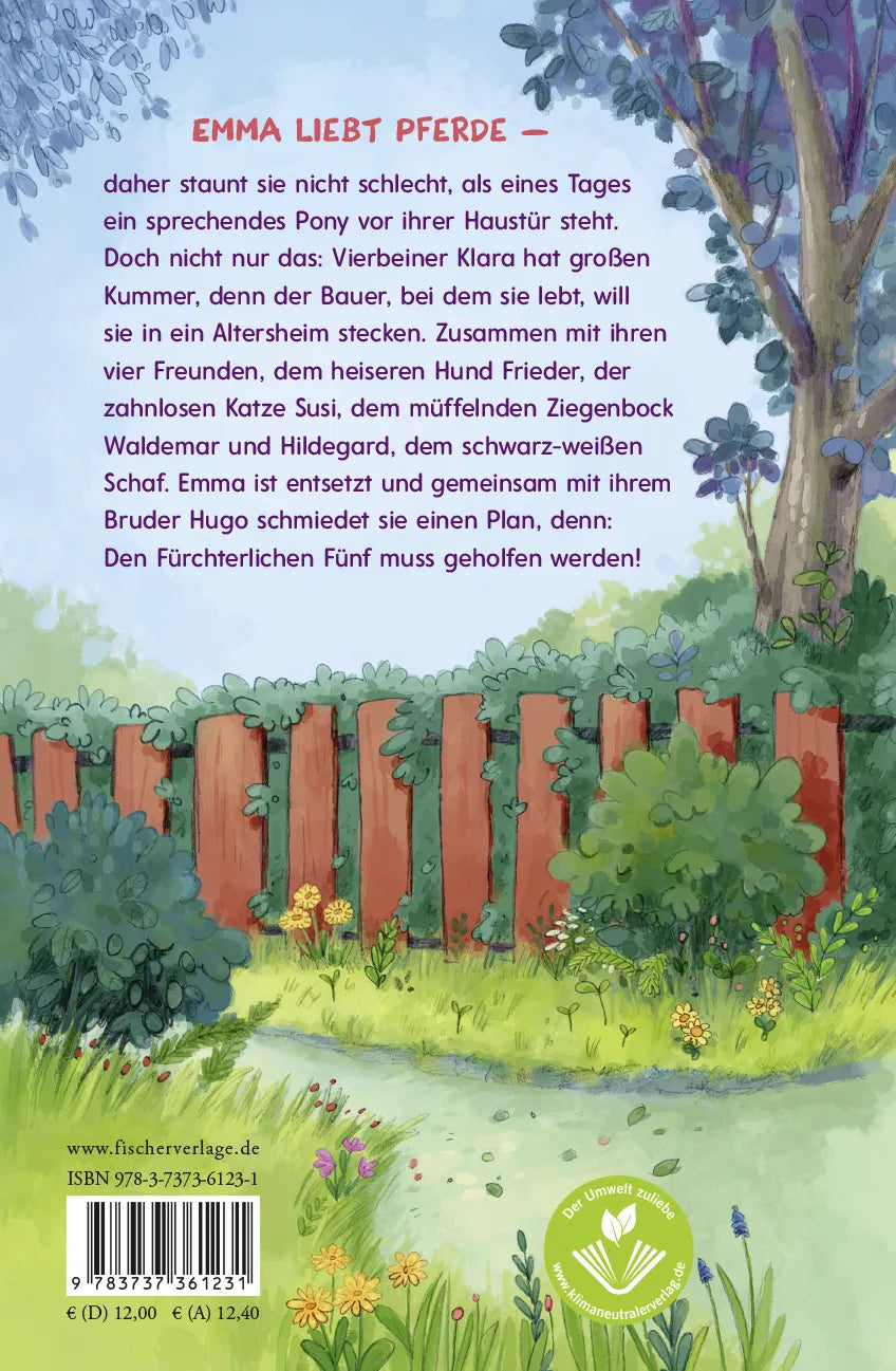 Buchrückseite von 'Emma und die Fürchterlichen Fünf' mit Klappentext - Gebundene Ausgabe