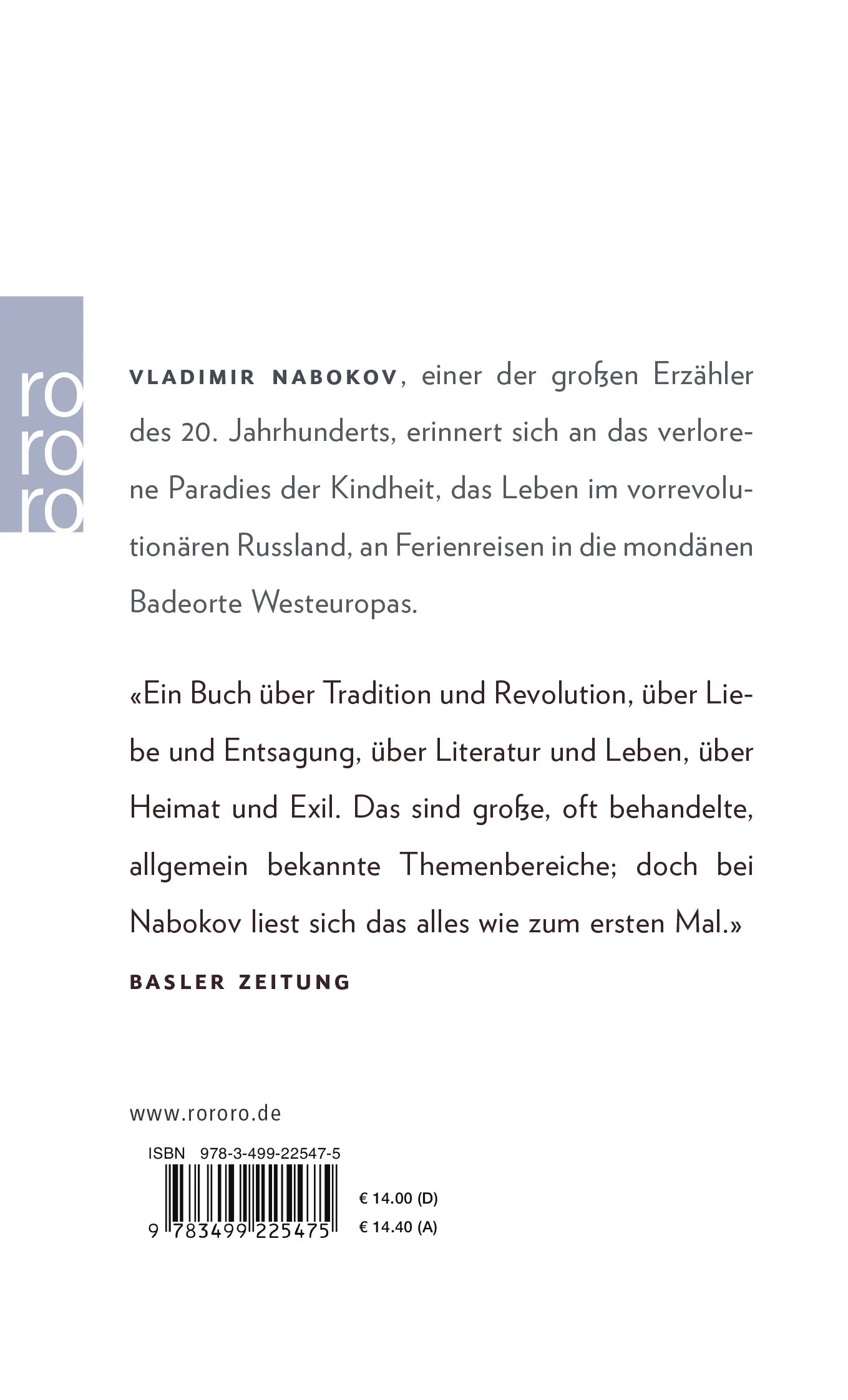 Buchrückseite von 'Erinnerung, sprich' mit Klappentext - Taschenbuch