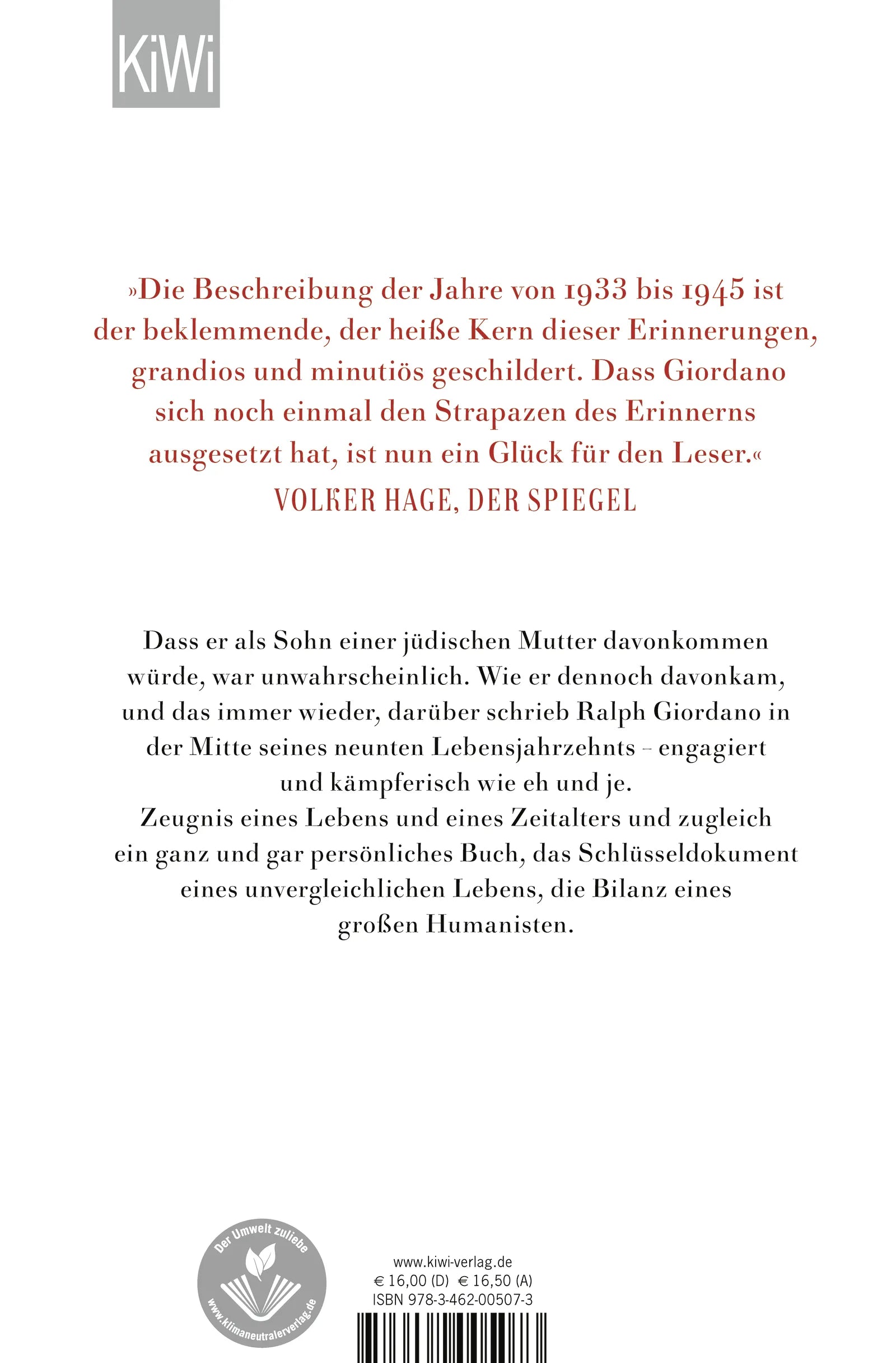 Buchrückseite von 'Erinnerungen eines Davongekommenen' mit Klappentext - Taschenbuch