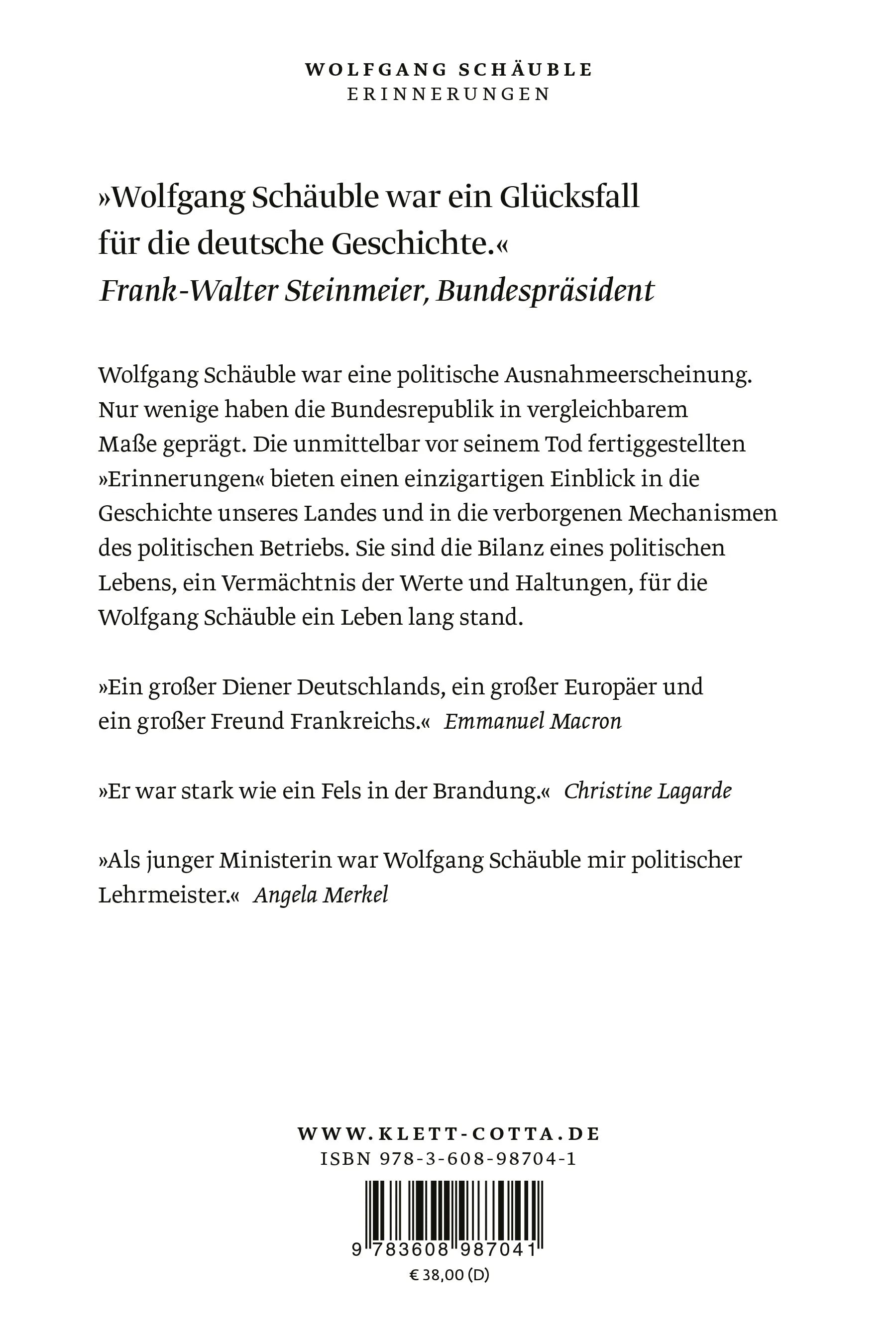Buchrückseite von 'Erinnerungen' mit Klappentext - Gebundene Ausgabe