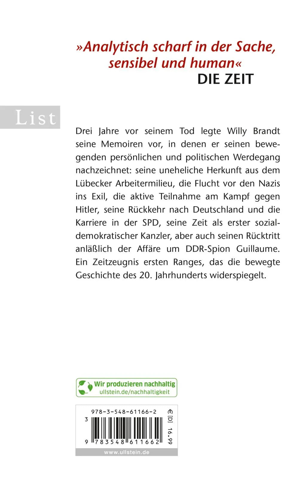 Buchrückseite von 'Erinnerungen' mit Klappentext - Taschenbuch