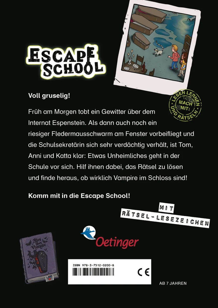 Buchrückseite von 'Escape School 5. Vampire im Schloss' mit Klappentext - Gebundene Ausgabe
