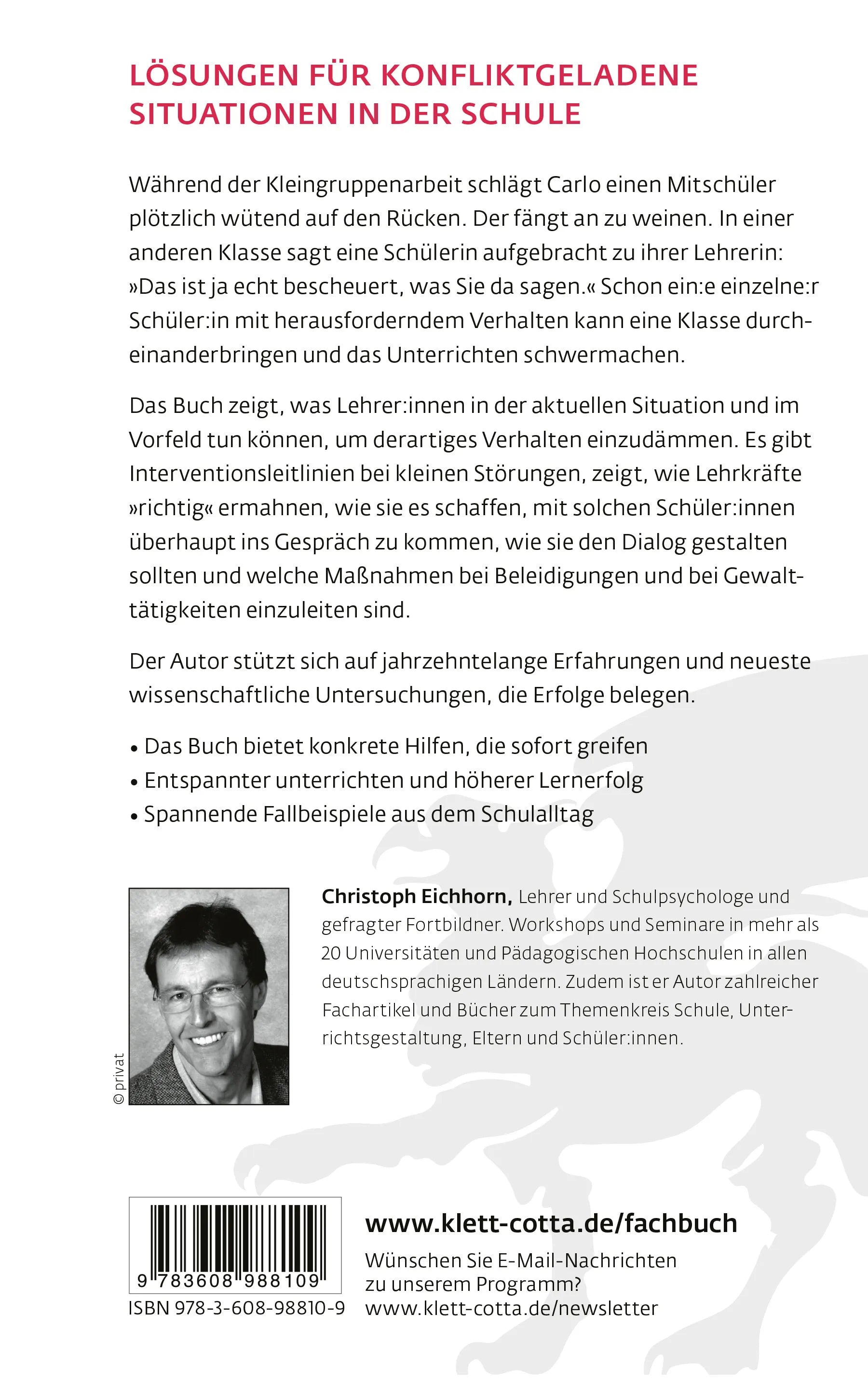 Buchrückseite von 'Eskalation im Unterricht' mit Klappentext - Paperback