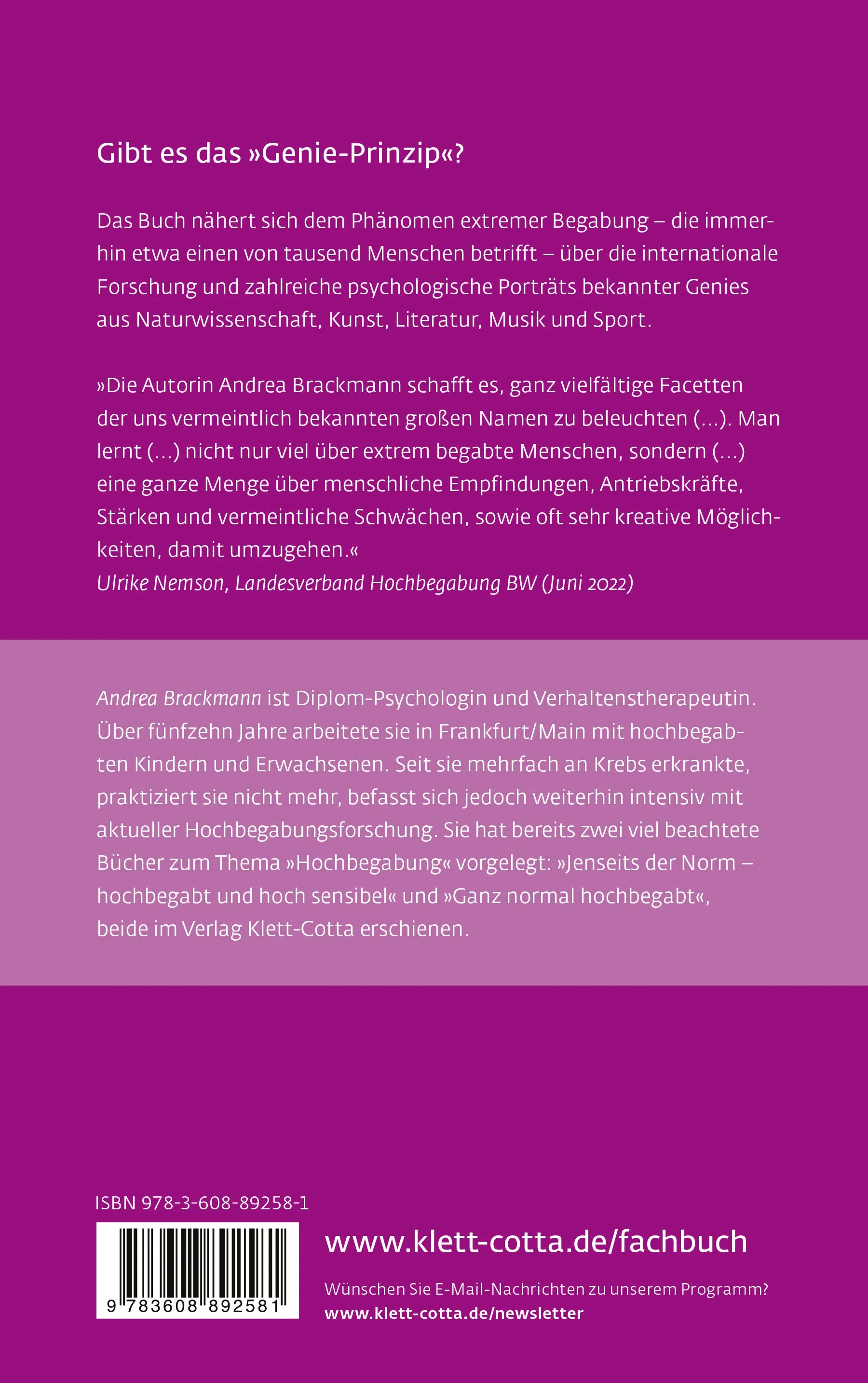 Buchrückseite von 'Extrem begabt' mit Klappentext - Paperback