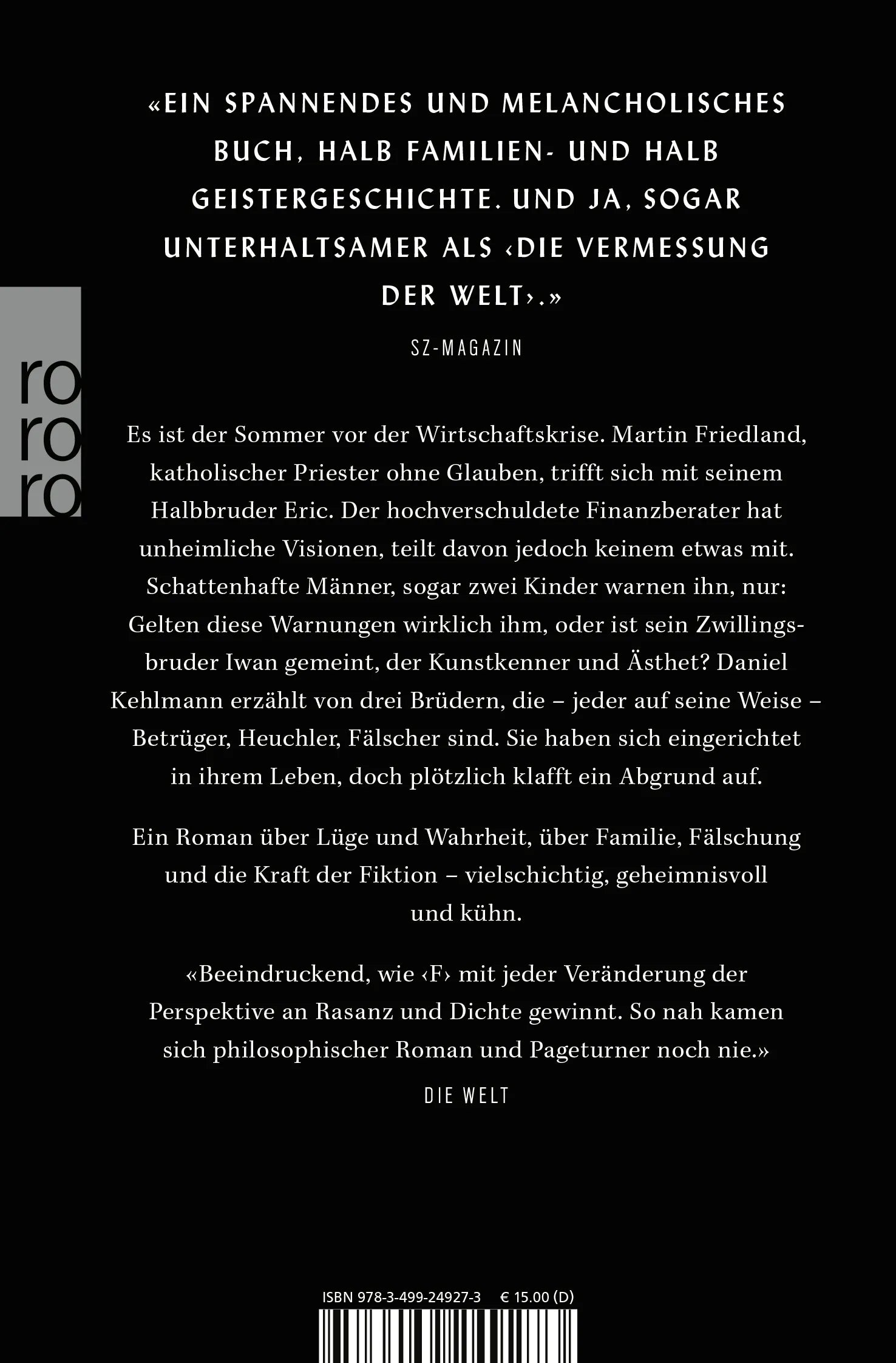 Buchrückseite von 'F' mit Klappentext - Taschenbuch