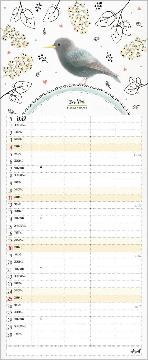 Familienplaner Pretty Birds 2027 – Ansicht