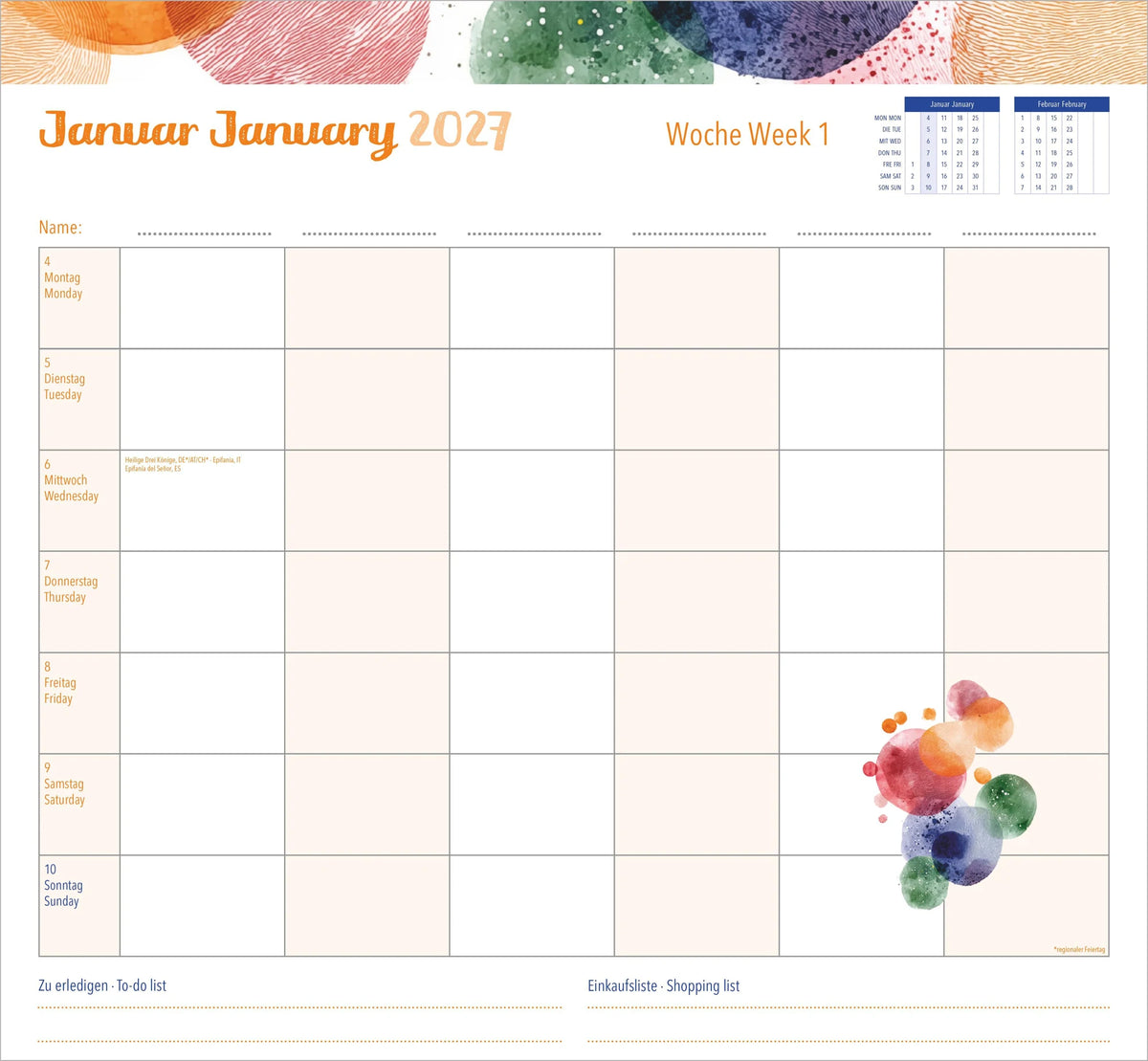 Familienwochenkalender Dots 2027 – Ansicht