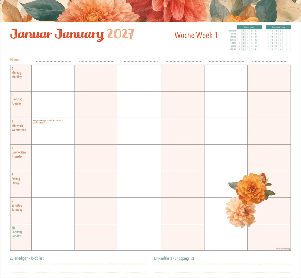 Familienwochenkalender Flowers 2027 – Ansicht