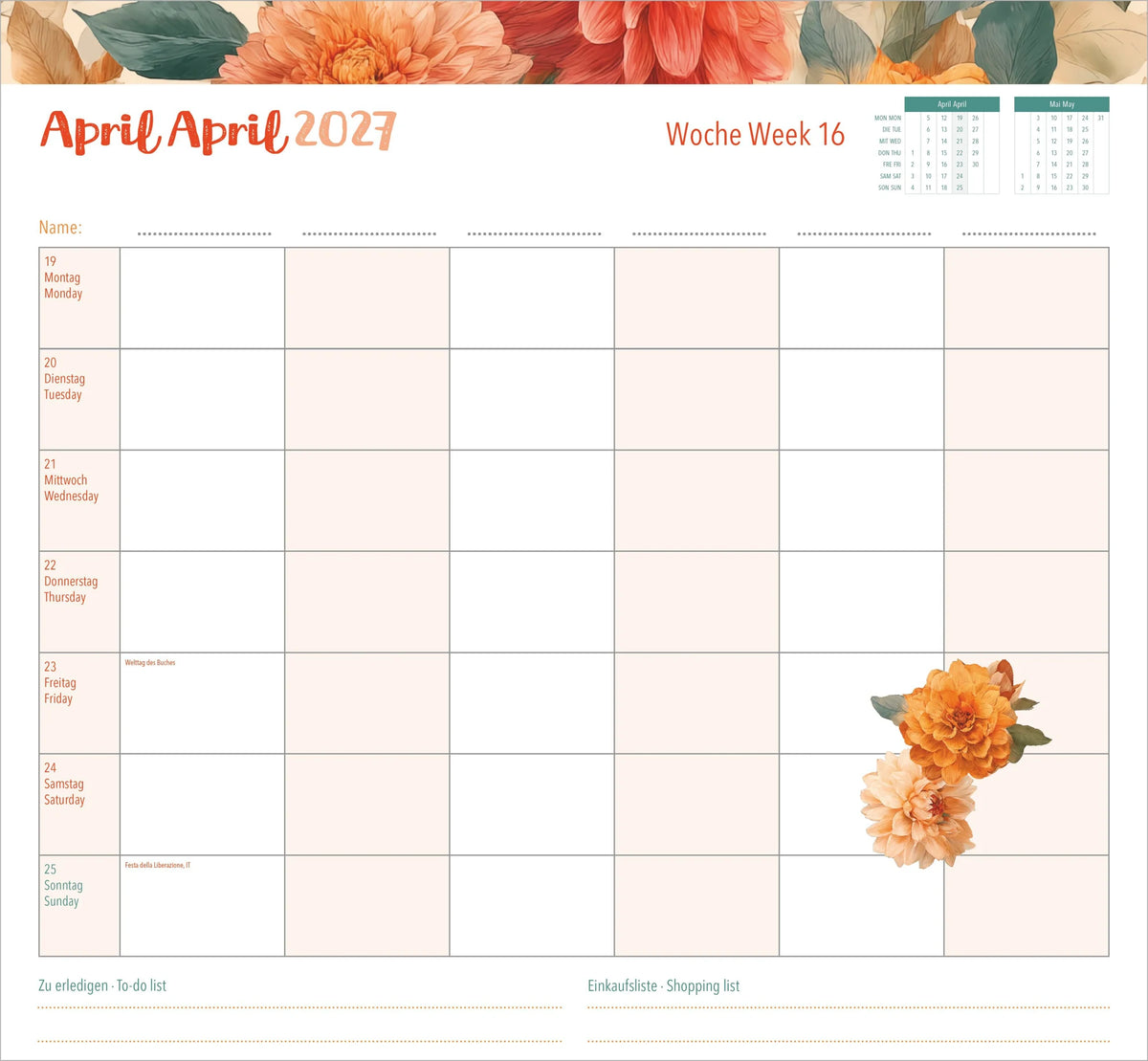 Familienwochenkalender Flowers 2027 – Ansicht