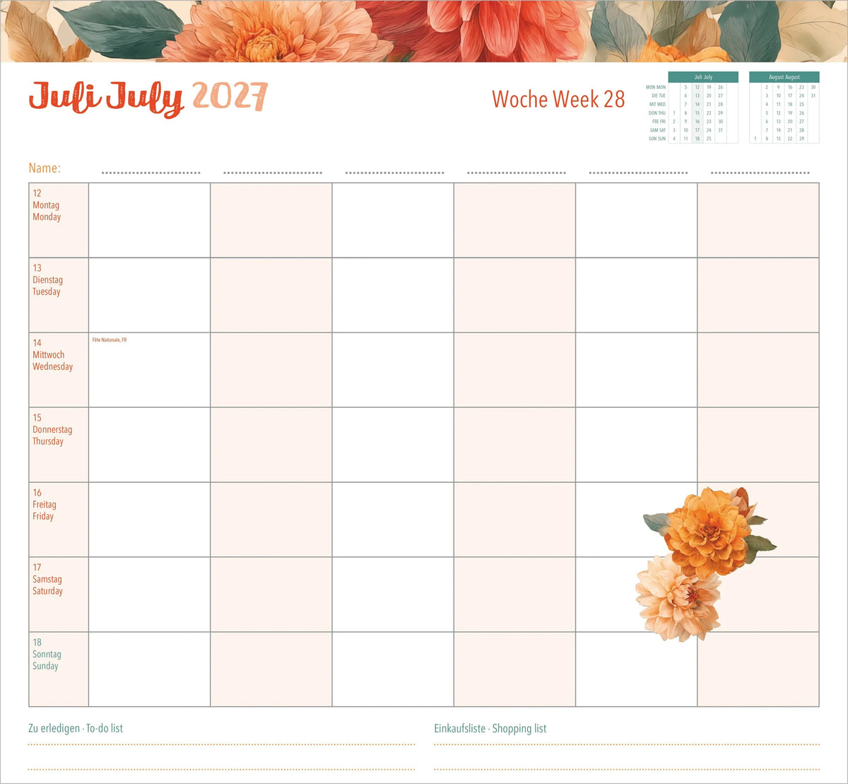 Familienwochenkalender Flowers 2027 – Ansicht