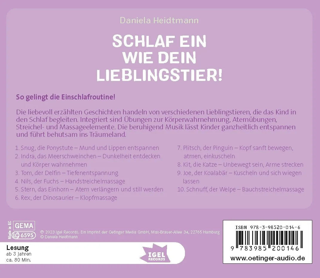 Buchrückseite von 'FamilyFlow. Schlaf ein wie dein Lieblingstier' mit Klappentext - Hörbuch (CD)