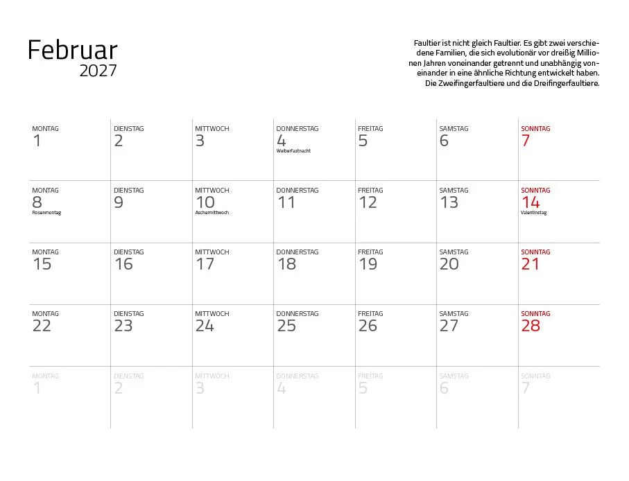 Faultiere Kalender 2027 Eintragkalender – Ansicht