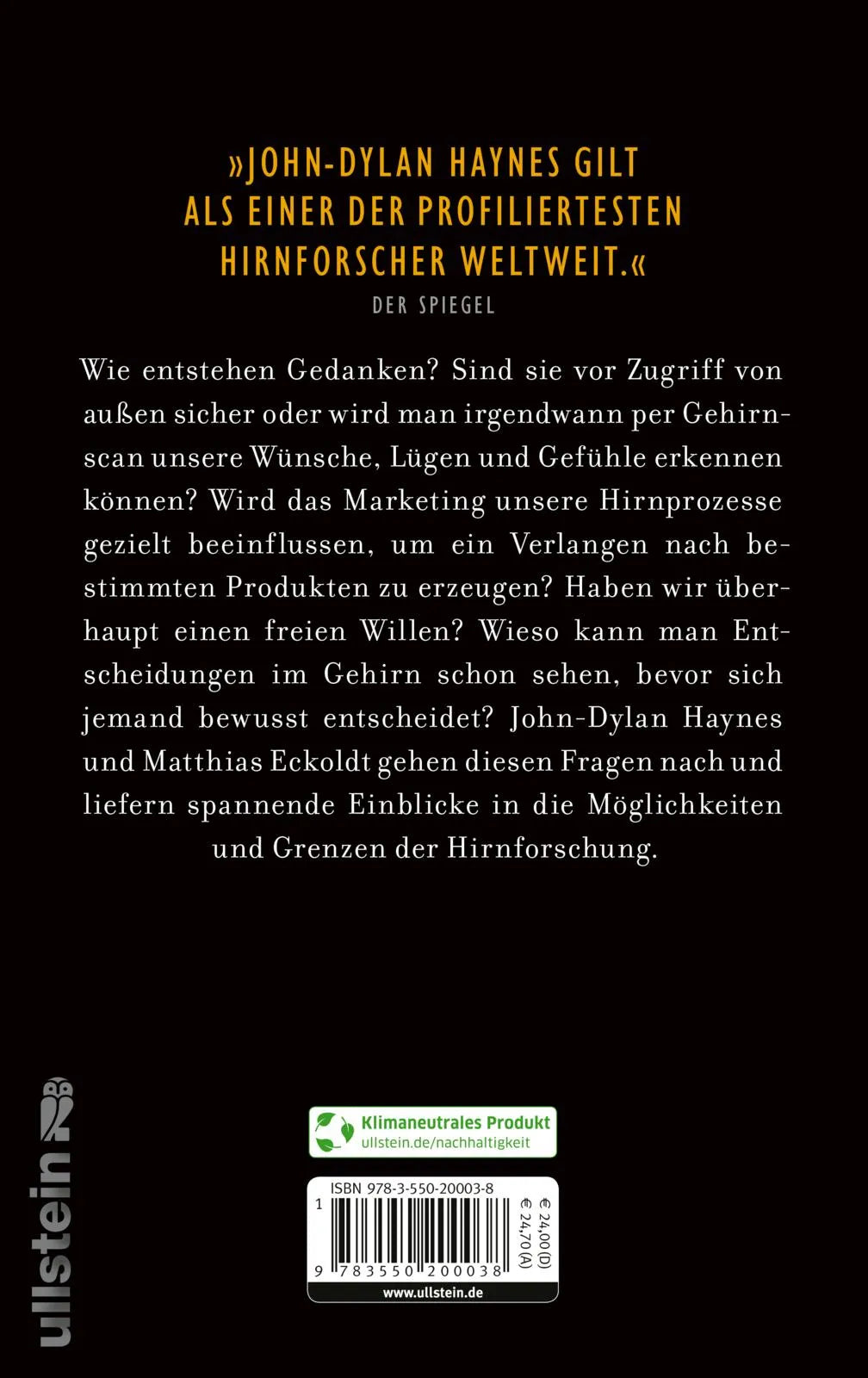 Buchrückseite von 'Fenster ins Gehirn' mit Klappentext - Gebundene Ausgabe
