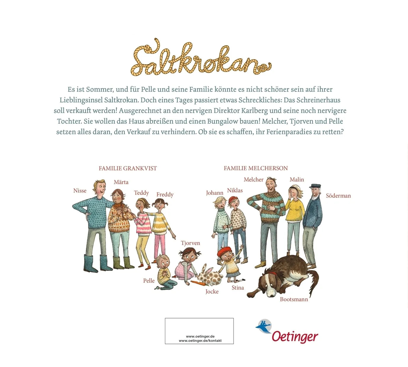 Buchrückseite von 'Ferien auf Saltkrokan. Pelle rettet das Schreinerhaus' mit Klappentext - Gebundene Ausgabe
