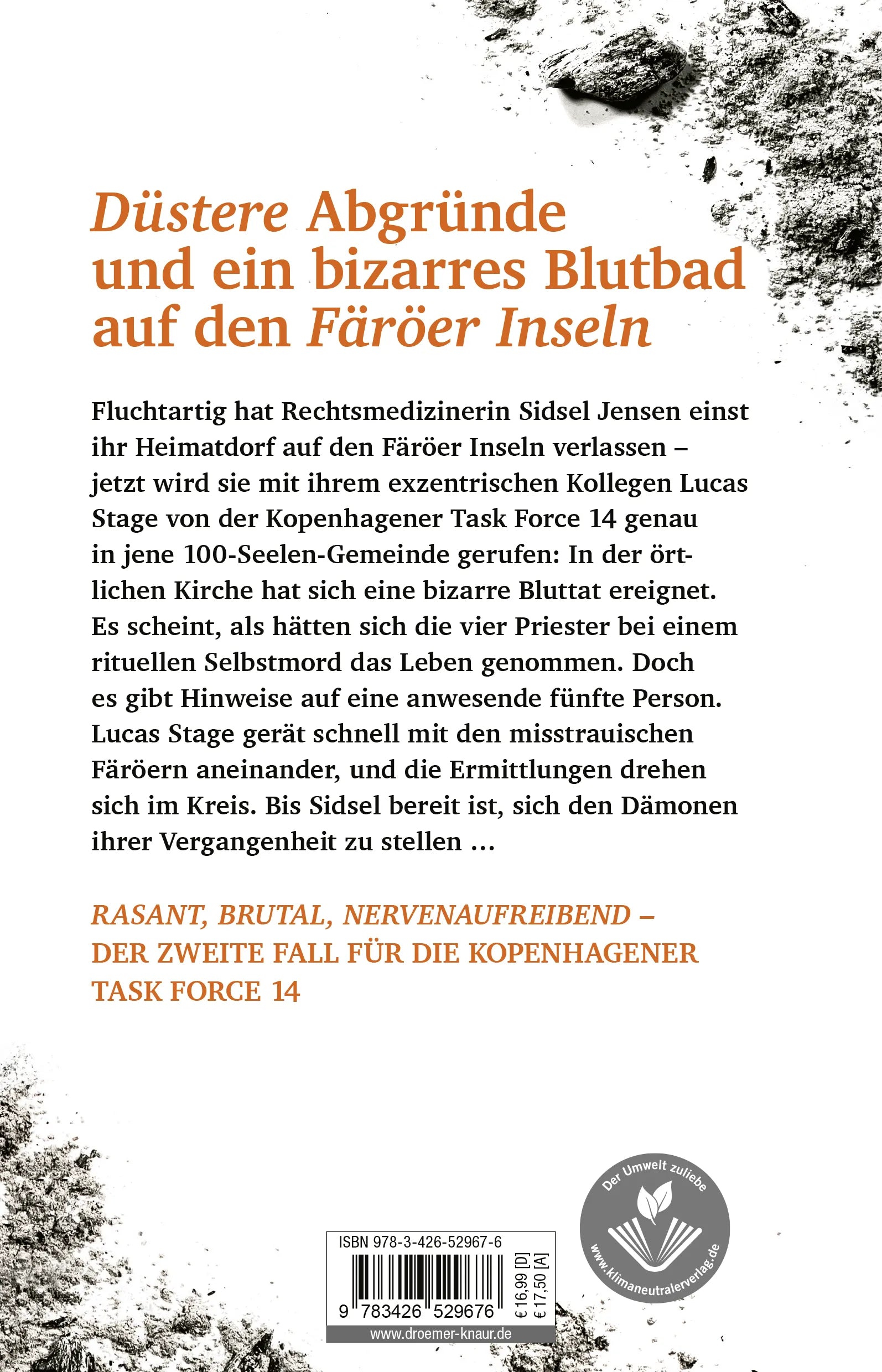 Buchrückseite von 'FEUER - Mord auf den Färöern' mit Klappentext - Paperback