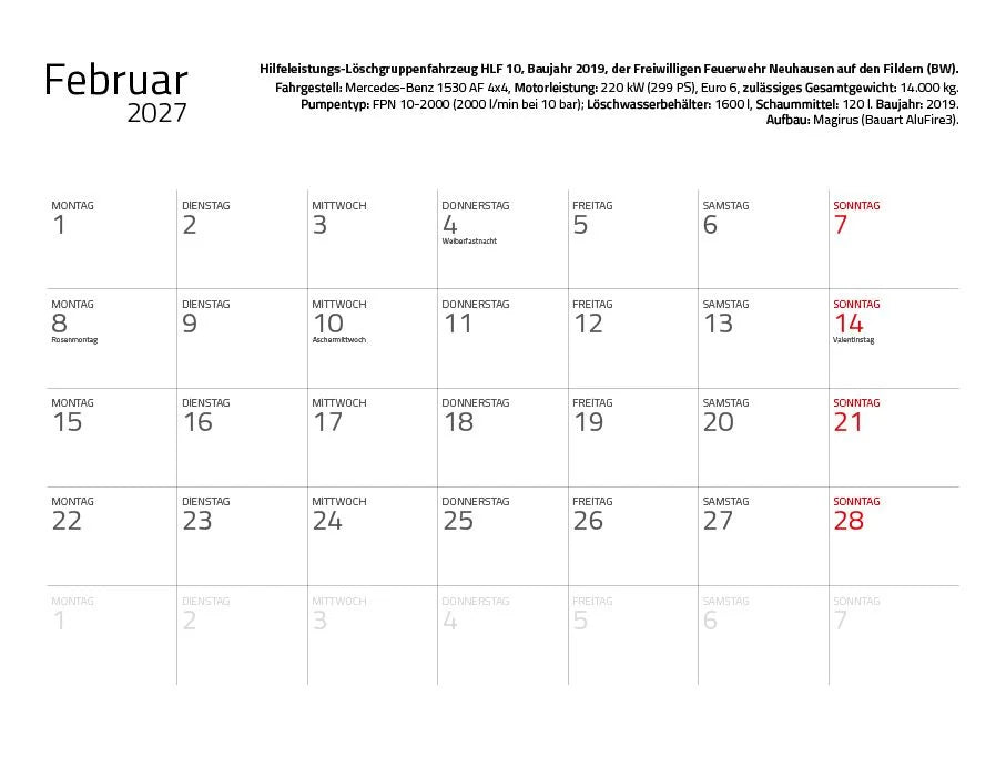 Feuerwehr 2027 Eintragkalender – Ansicht