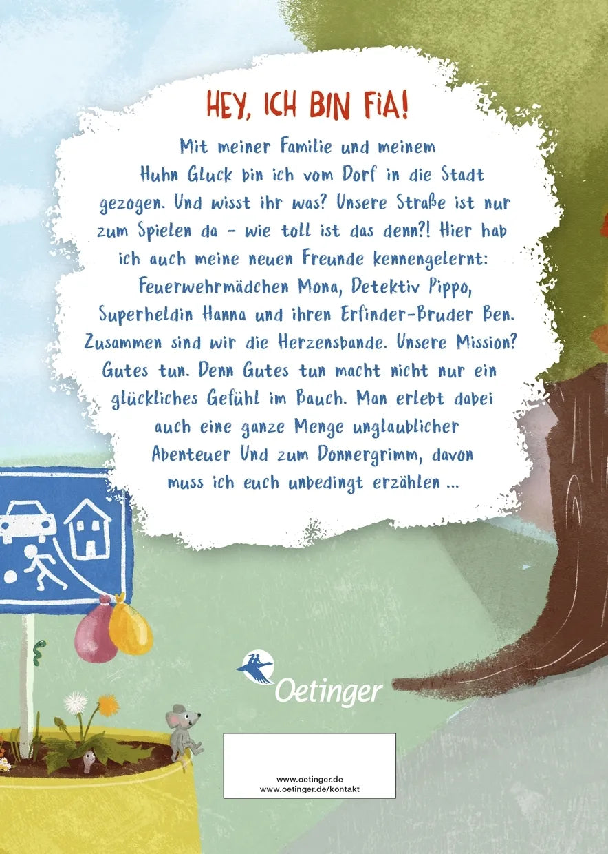 Buchrückseite von 'Fia & die Herzensbande 1. Mission Spielstraße' mit Klappentext - Gebundene Ausgabe