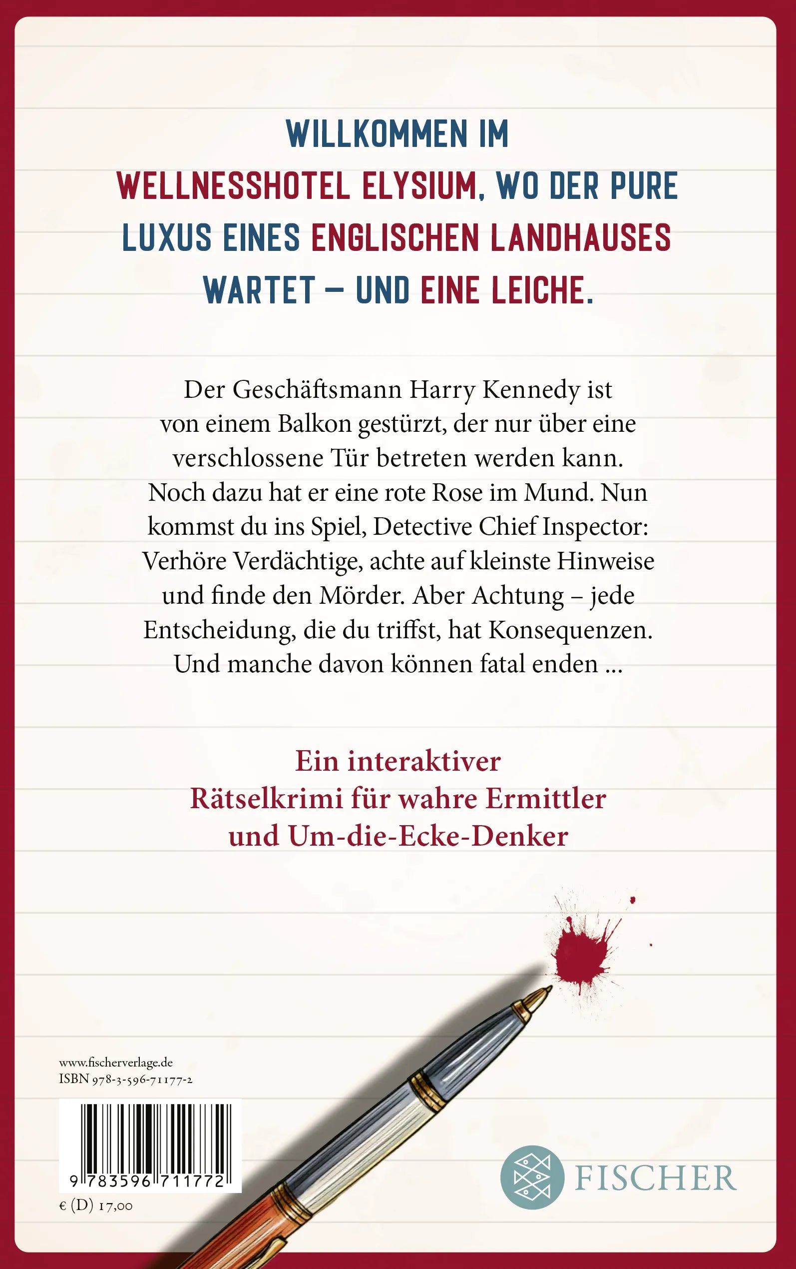 Buchrückseite von 'Finde den Mörder' mit Klappentext - Paperback
