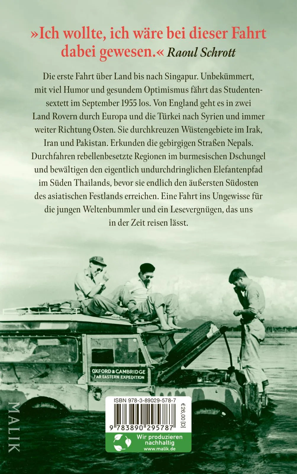 Buchrückseite von 'First Overland. Als Erste im Land Rover 18.000 Meilen von London nach Singapur' mit Klappentext - Gebundene Ausgabe