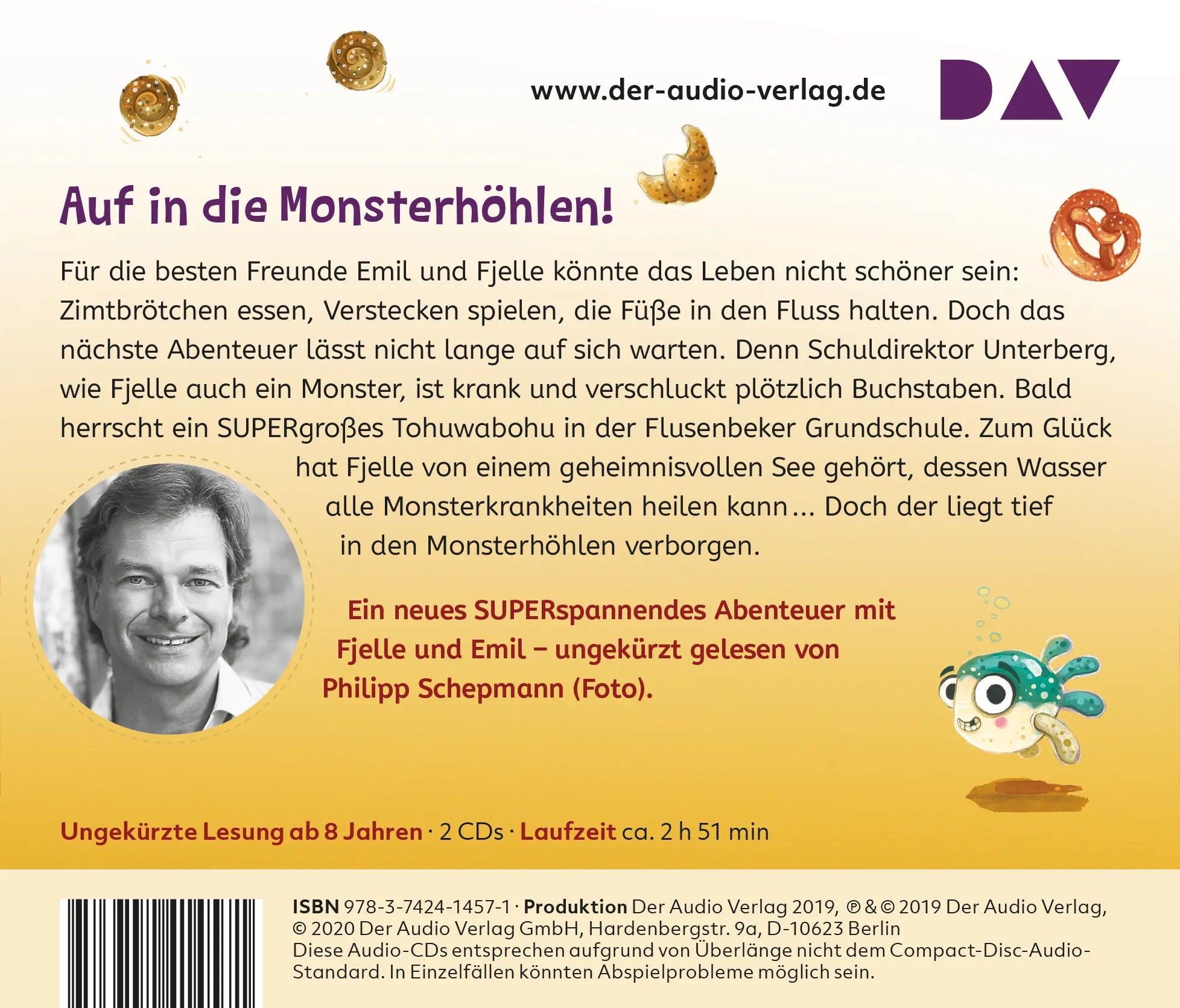 Buchrückseite von 'Fjelle und Emil – Teil 2: Monstermäßig wilde Abenteuer' mit Klappentext - Hörbuch (CD)