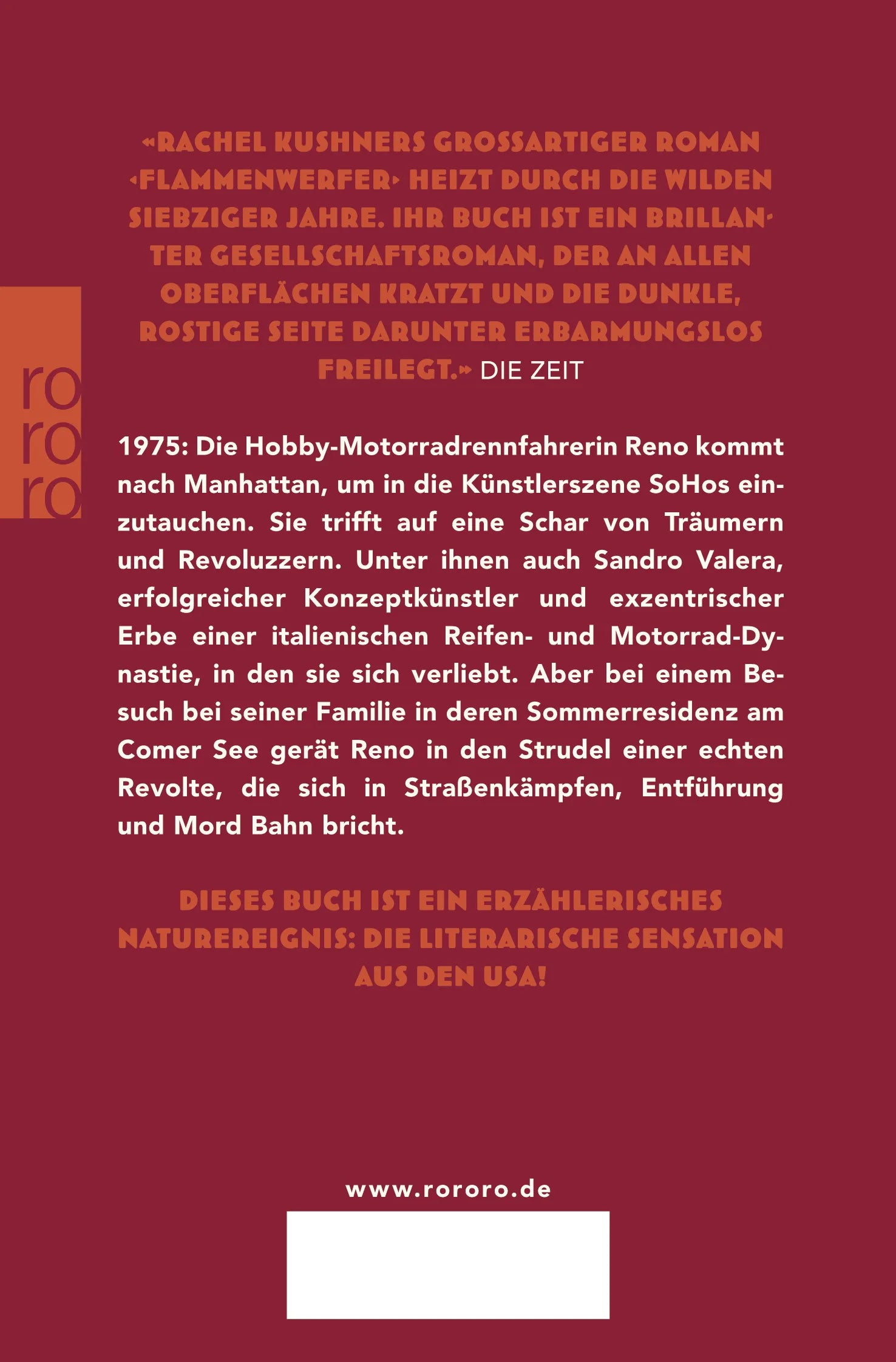 Buchrückseite von 'Flammenwerfer' mit Klappentext - Taschenbuch