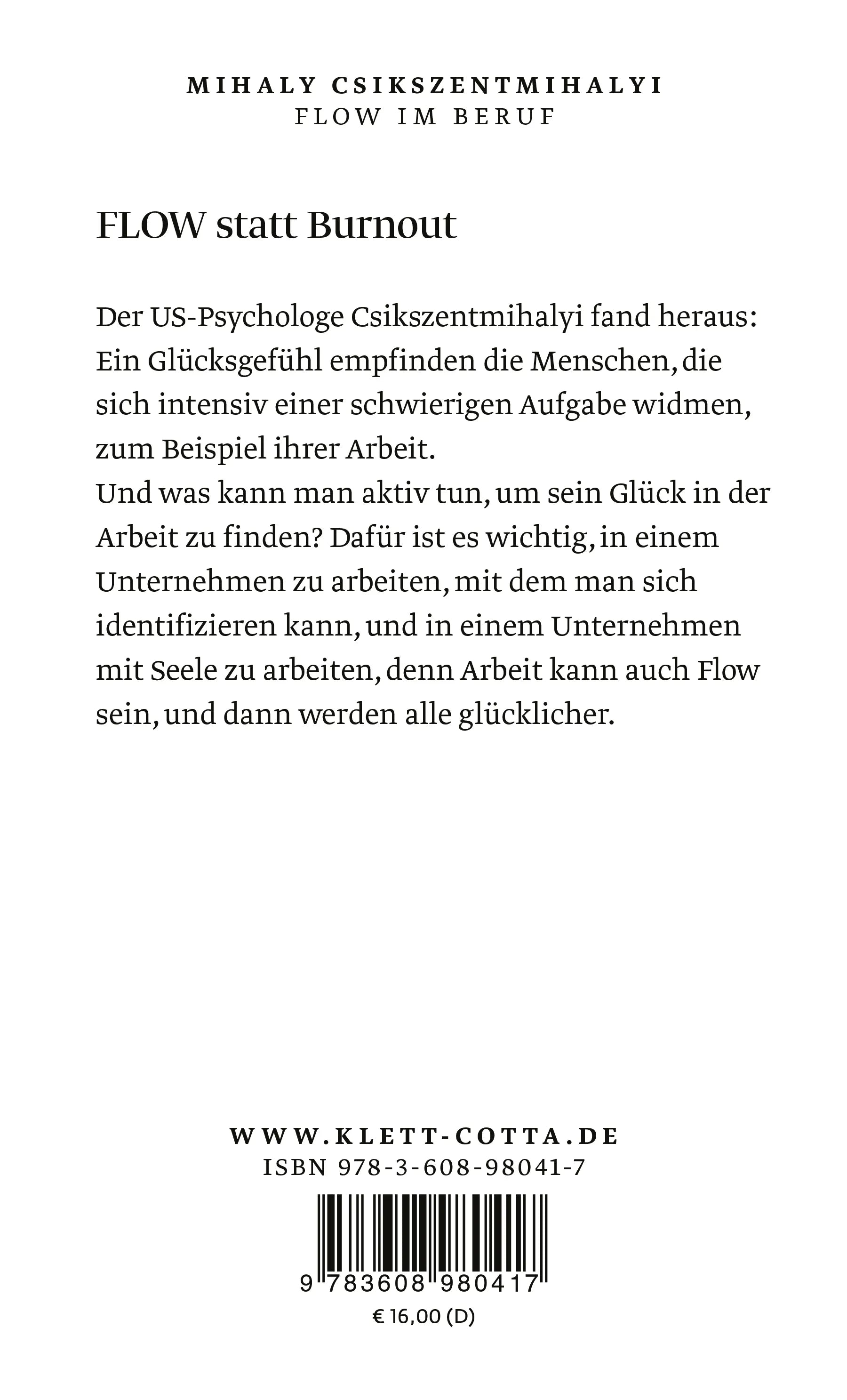 Buchrückseite von 'Flow im Beruf' mit Klappentext - Paperback