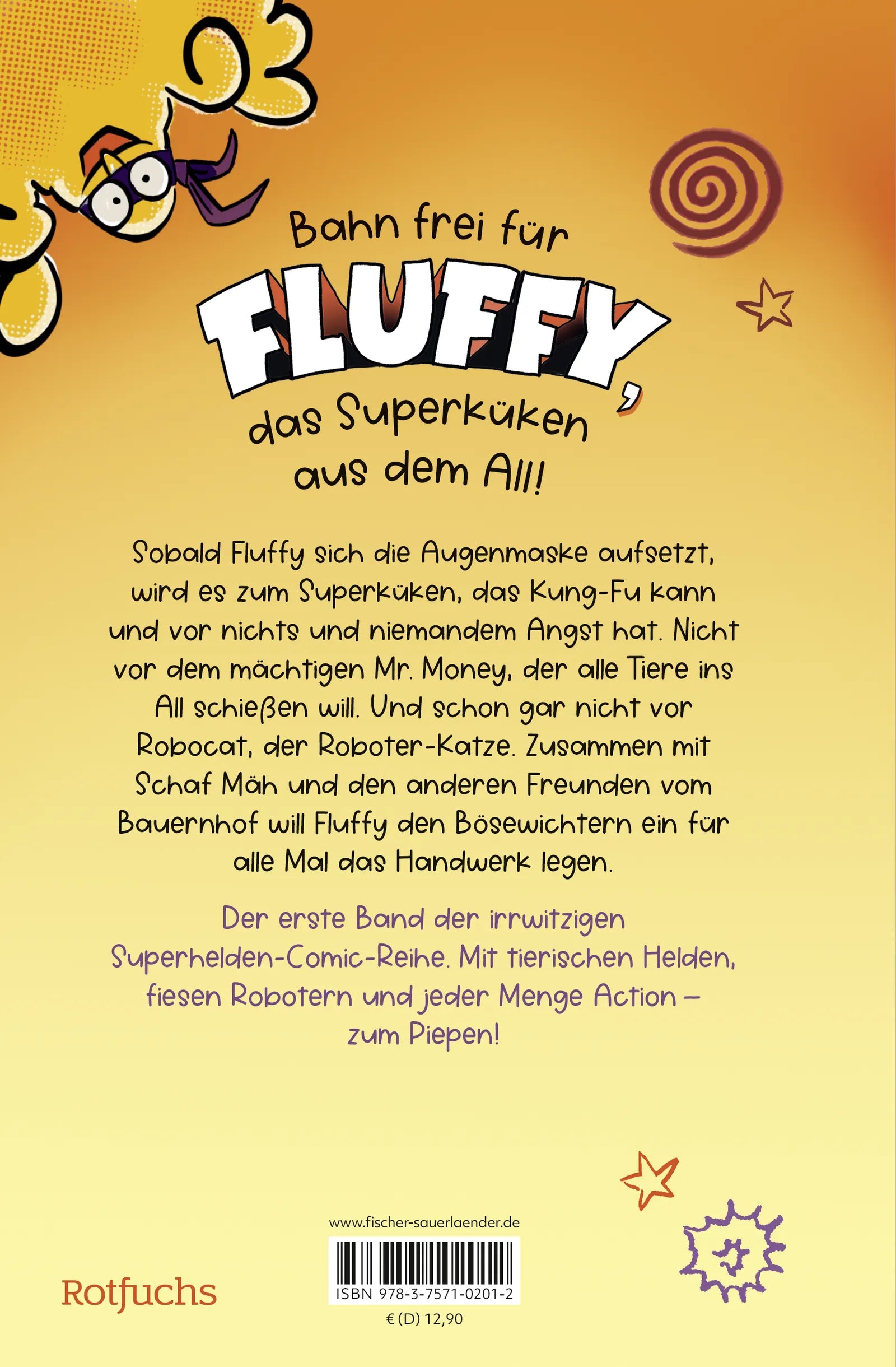 Buchrückseite von 'Fluffy und Robocat – Vorsicht, Kung-Fu Küken!' mit Klappentext - Gebundene Ausgabe